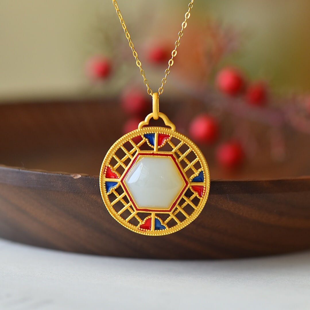 An Exquisite Sterling Silver-Gold Plated Inlaid White Jade Pendant: An Exquisite Sterling Silver-Gold Plated Inlaid White Jade Pendant 纯银镀金镶白玉吊坠