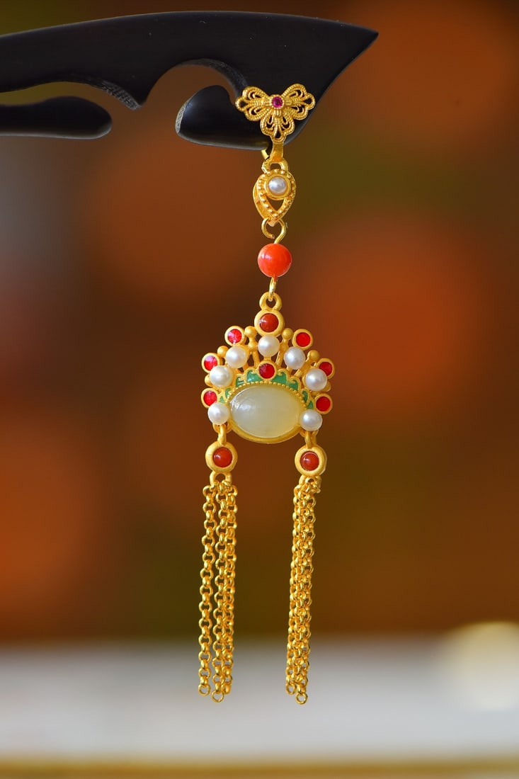 An Exquisite Sterling Silver-Gold Plated Inlaid White Jade Enamel Ebony Hairpin,Inlaid Pearl: An Exquisite Sterling Silver-Gold Plated Inlaid White Jade Enamel Ebony Hairpin,Inlaid Pearl 纯银镀金镶白玉珐琅黑檀木发