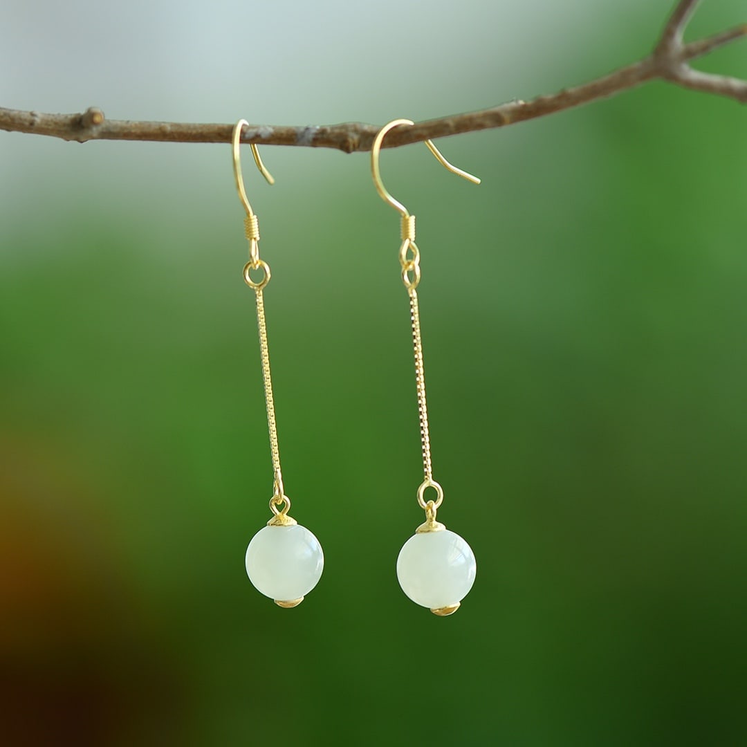 A Pair of Exquisite Sterling Silver-Gold Plated Inlaid White Jade Earrings: A Pair of Exquisite Sterling Silver-Gold Plated Inlaid White Jade Earrings , Size :0.3inx0.3in
