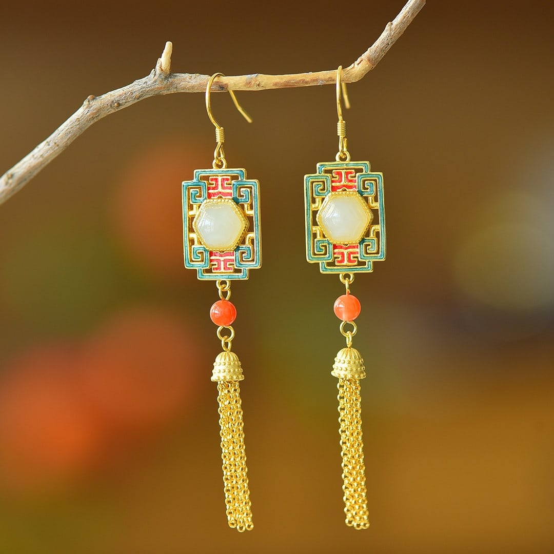 A Pair of Exquisite Sterling Silver-Gold Plated Inlaid White Jade Enamel Earrings: A Pair of Exquisite Sterling Silver-Gold Plated Inlaid White Jade Enamel Earrings 一对纯银镀金镶白玉珐琅耳环