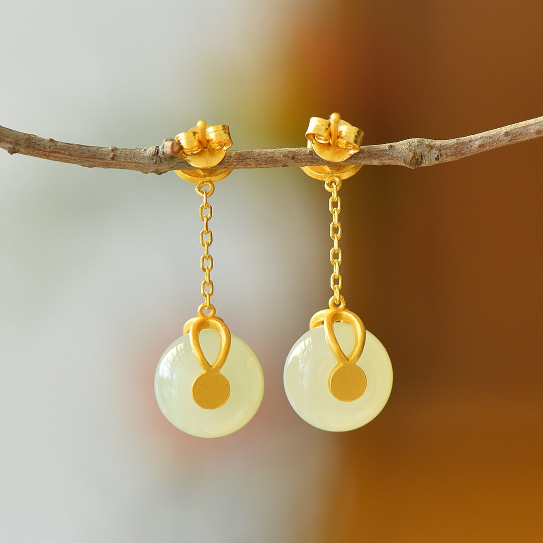 A Pair of Exquisite Sterling Silver-Gold Plated Inlaid White Jade Enamel Earrings: A Pair of Exquisite Sterling Silver-Gold Plated Inlaid White Jade Enamel Earrings 一对纯银镀金镶白玉珐琅耳环