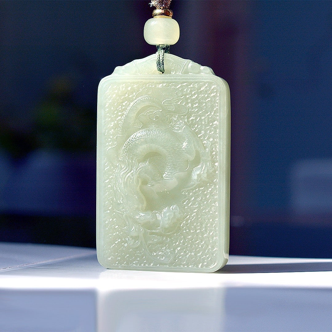 An Exquisite Greenish Jade Dragon Pattern Pendant: An Exquisite Greenish Jade Dragon Pattern Pendant,Size:1.2inx1.9in 青玉龙纹挂件
