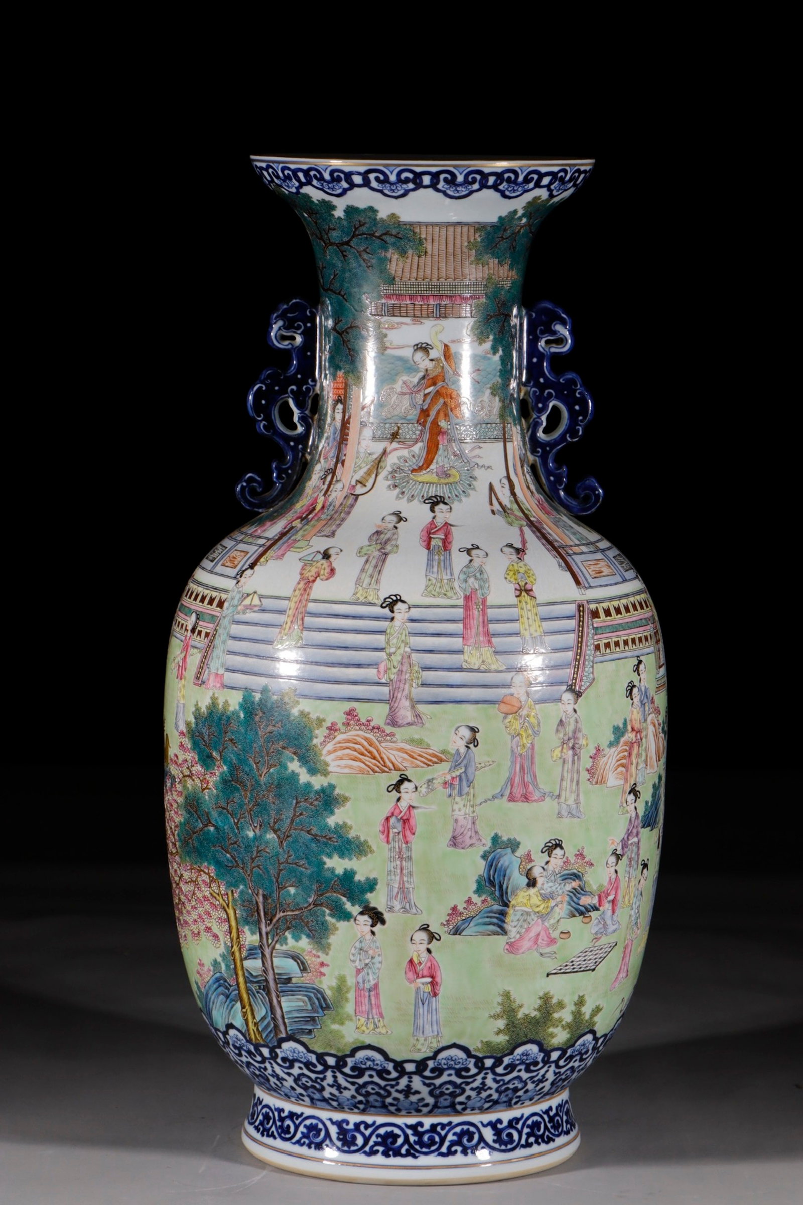 A Huge Blue and White Famille-Rose Figure Pattern Double-Ears Vase: A Huge Blue and White Famille-Rose Figure Pattern Double-Ears Vase,Qing Dynasty,China,Qianlong Six-character Mark,Size:23.2in 青花粉彩人物纹双耳&#