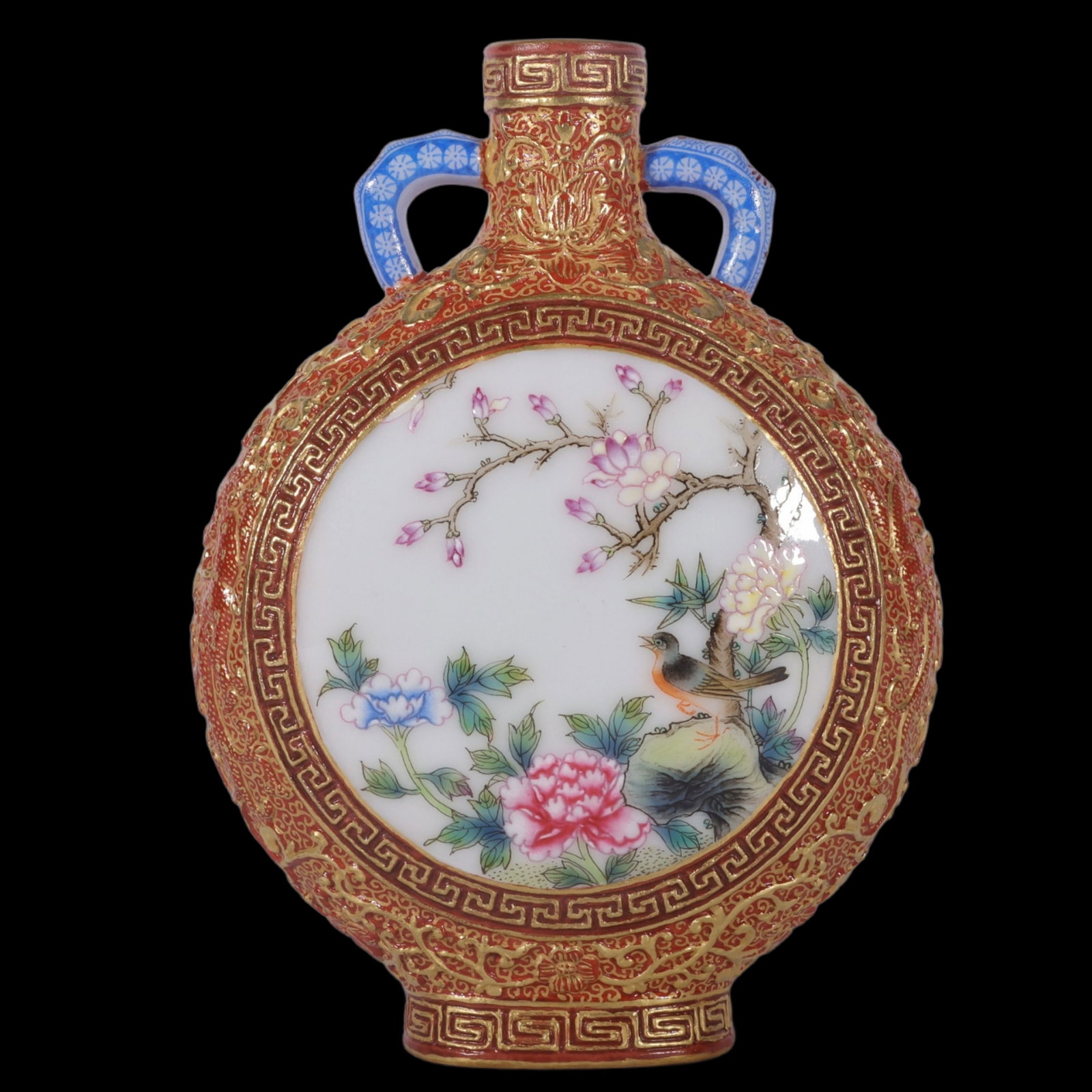 An Exquisite Enamel Iron-Red Flower and Bird Pattern Double-Ears Vase: An Exquisite Enamel Iron-Red Flower and Bird Pattern Double-Ears Vase,Qing Dynasty,China,Qianlong Four-character Mark,Size:4.7inx3.4in 珐琅彩矾红花鸟纹&
