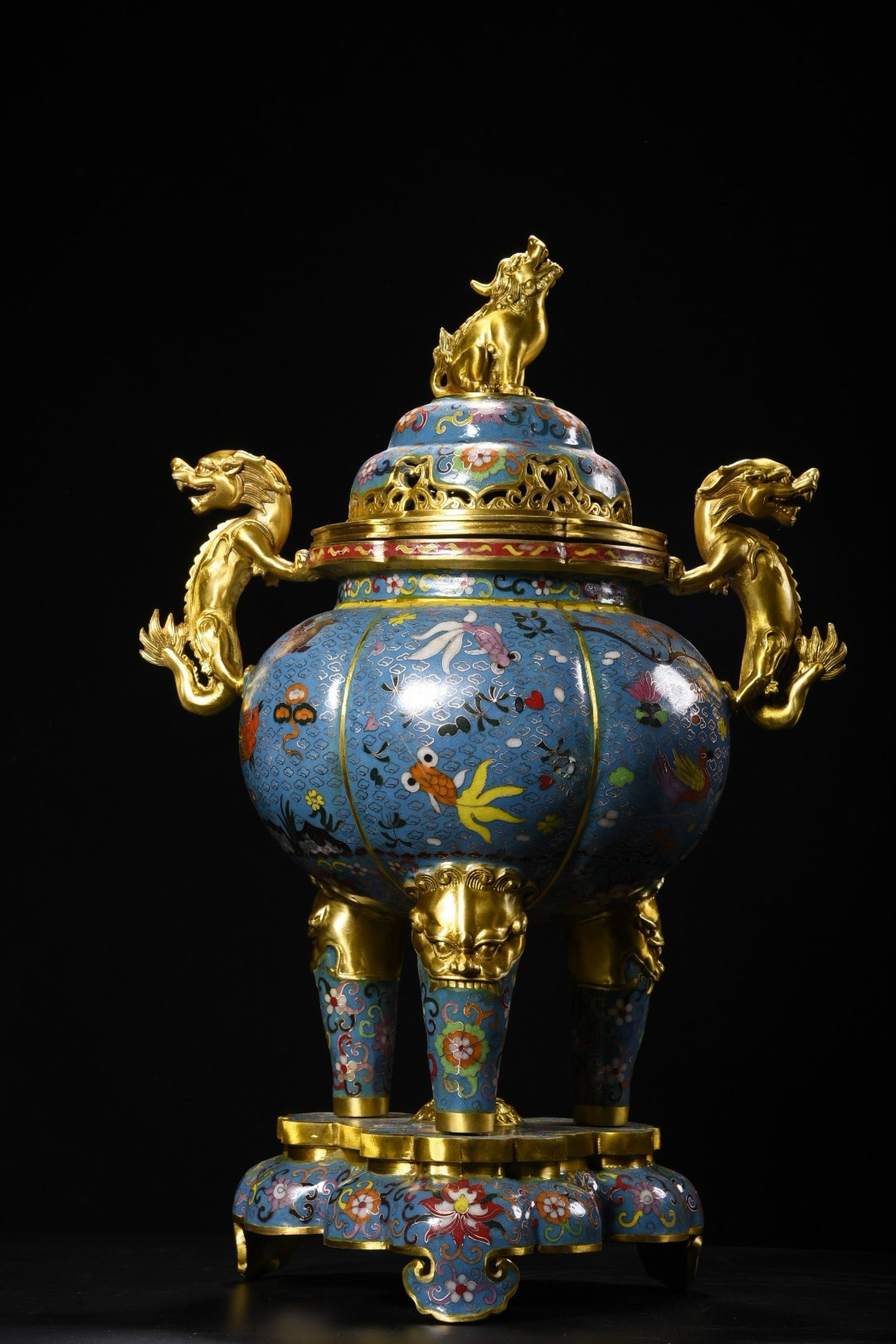 An Exquisite Cloisonne Lotus and Fish Pattern Beast-Ears Censer: An Exquisite Cloisonne Lotus and Fish Pattern Beast-Ears Censer,Qing Dynasty,China,Qianlong Six-character Mark,Size:22.8inx15.7in,Weight:11600g 景泰蓝缠枝莲鱼