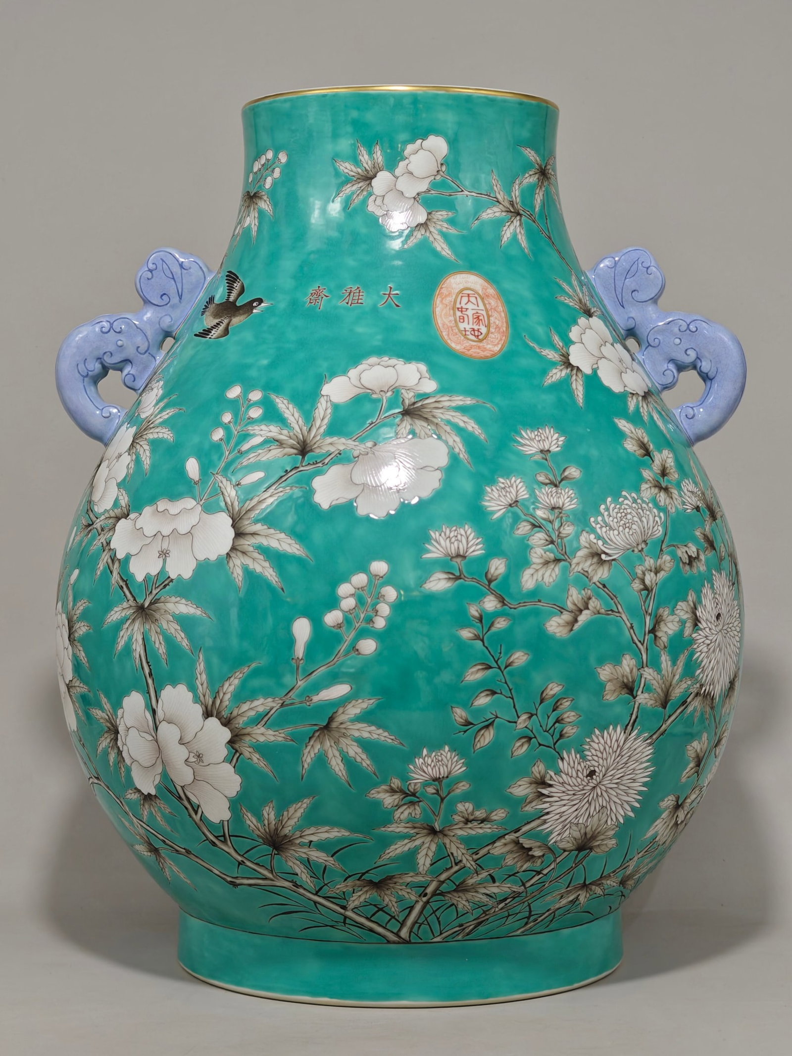 A Huge Turquoise Glazed Flower and Bird Pattern Double-Ears Vase (1 of 8)