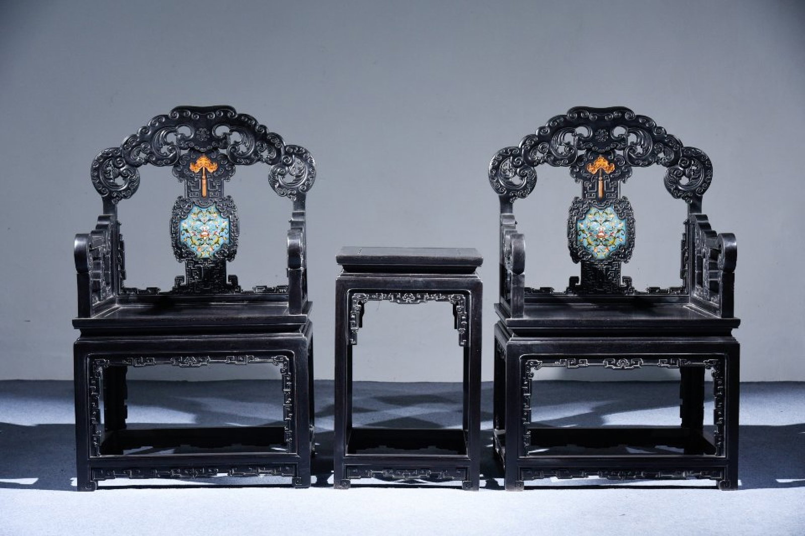 A Set of Zitanwood Inlaid Cloisonne Lotus Pattern Table and Armchair (1 of 9)