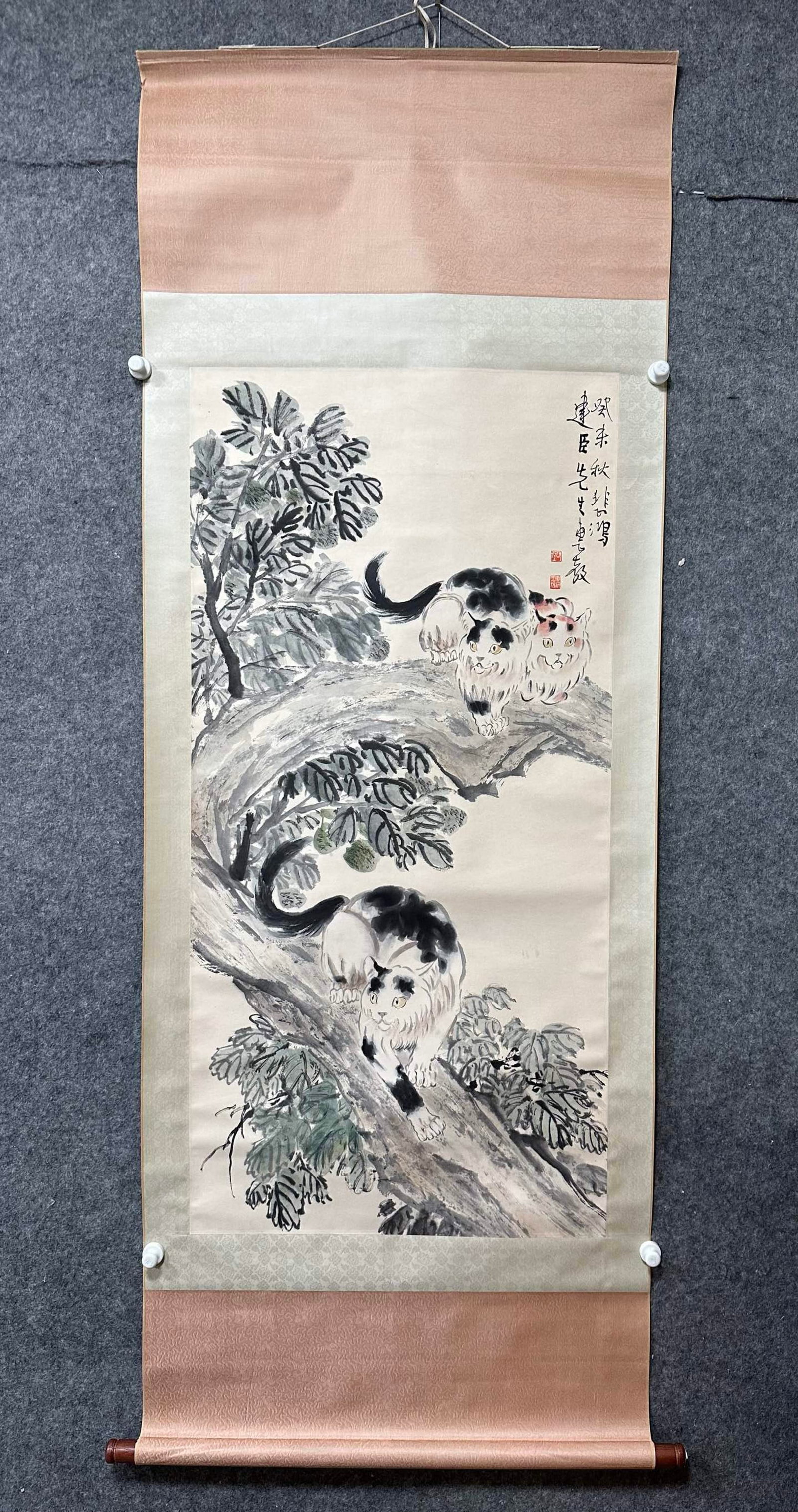 A Chinese Vertical Scroll Ink Painting of Cat on Paper: A Chinese Vertical Scroll Ink Painting of Cat on Paper,Xu Beihong,Size:26.4inx53.7in 一幅中国水墨猫画立轴,徐悲鸿