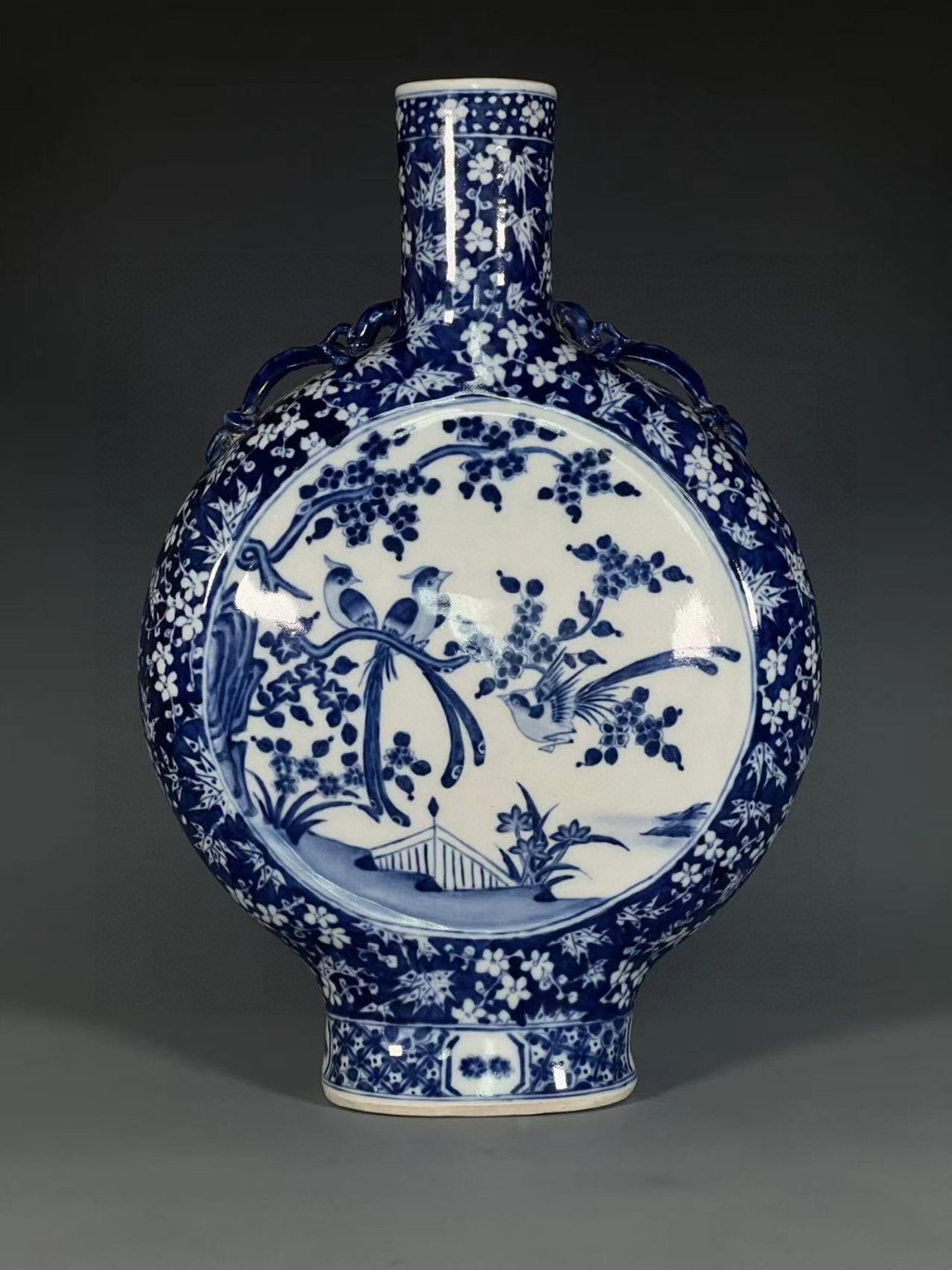 A Rare Blue and White Flower and Bird Pattern Double-Ears Vase (1 of 9)