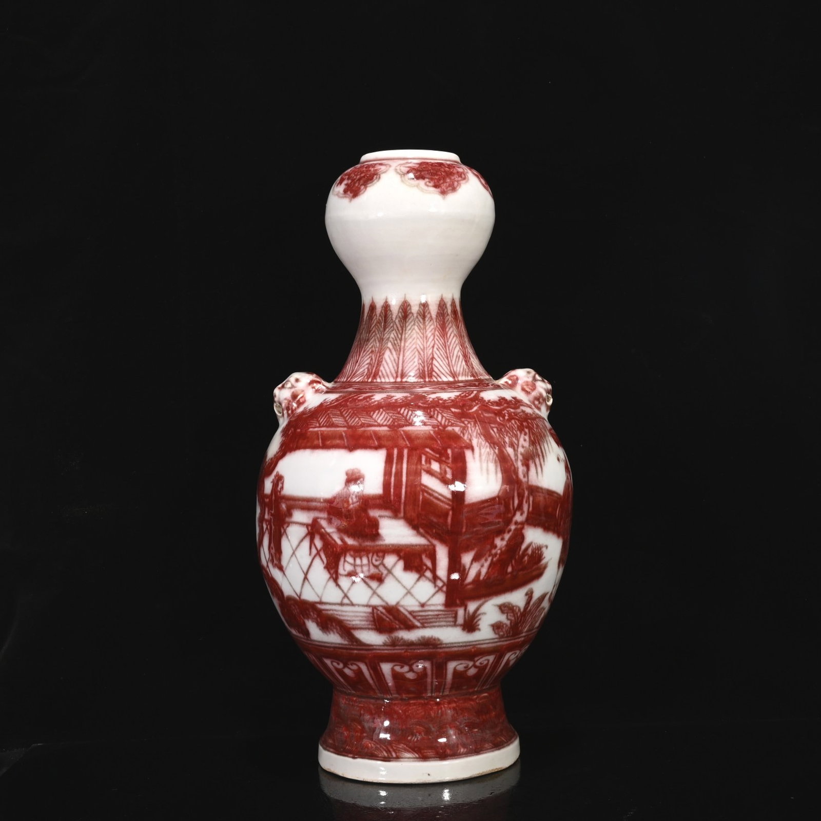 A Huge Underglaze-Red Figure Pattern Beast-Ears Vase: A Huge Underglaze-Red Figure Pattern Beast-Ears Vase,Ming Dynasty,China,Size:19.3inx9.8in 釉里红人物纹兽耳瓶,中国明代