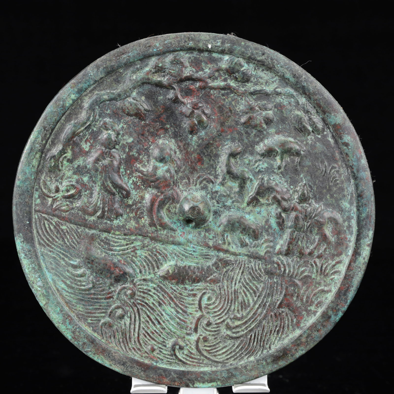 An Archaic Bronze Character and Story Pattern Round Mirror: An Archaic Bronze Character and Story Pattern Round Mirror,The Warring States period in China,Size:6.1inx0.4in,Weight:500g 青铜人物故事纹圆镜,