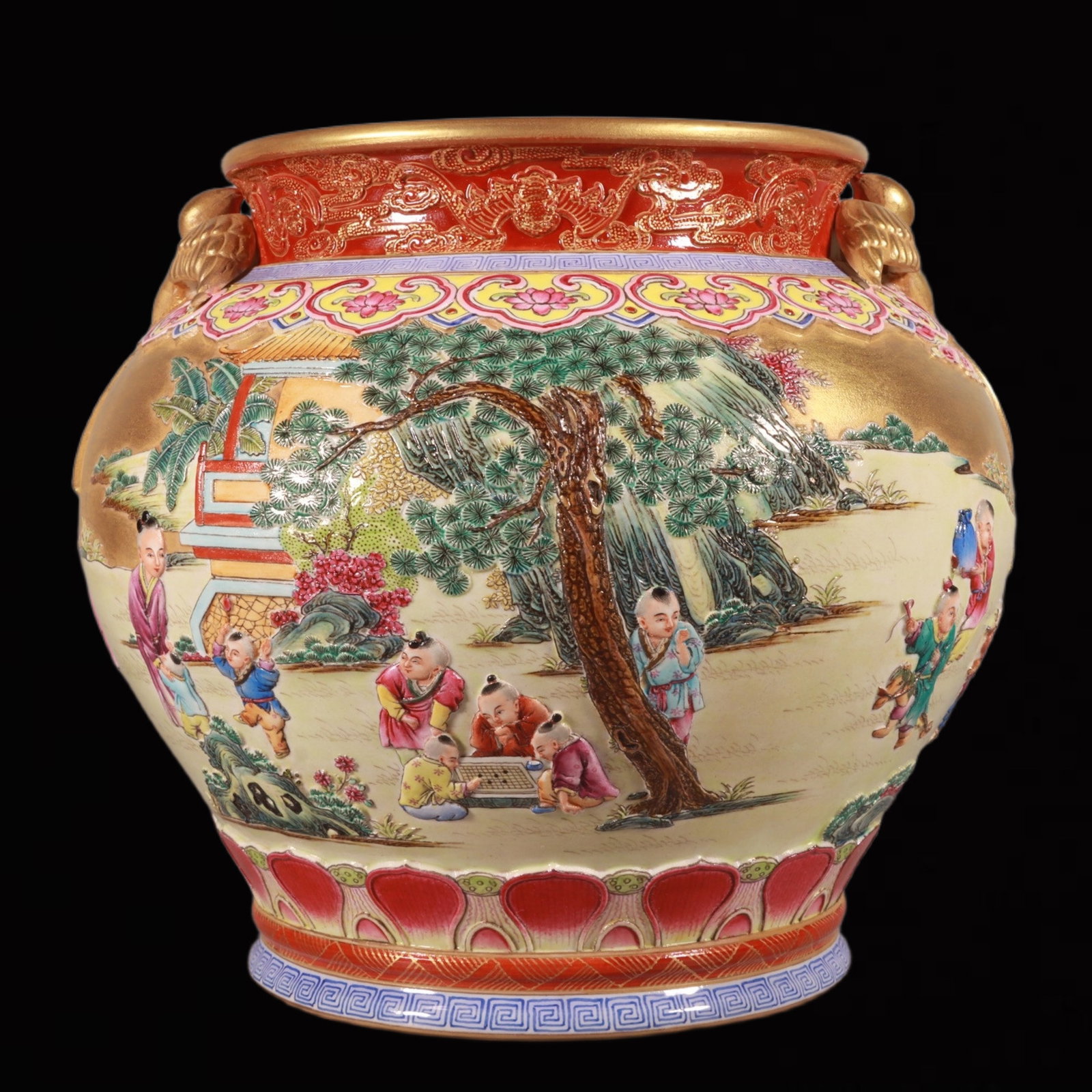 An Exquisite Enamel Gold Ground Character and Story Pattern Beast-Ears Vat: An Exquisite Enamel Gold Ground Character and Story Pattern Beast-Ears Vat,Qing Dynasty,China,Qianlong Six-character Mark,Size:7.1inx7.9in 珐琅彩金地人物ă