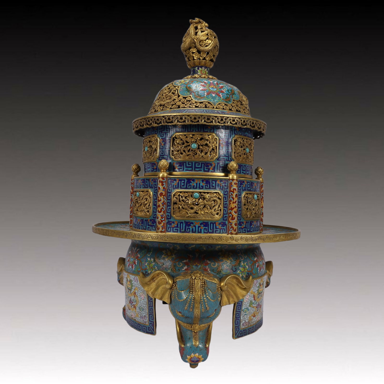 A Huge Cloisonne Lotus,Auspicious Cloud and Dragon Pattern Tripod Censer,With Dragon Pattern Cover: A Huge Cloisonne Lotus,Auspicious Cloud and Dragon Pattern Tripod Censer,With Dragon Pattern Cover,Qing Dynasty, China,Qianlong Six-character Mark,Size:15.6inx24in,Weight:27600g 景泰൉