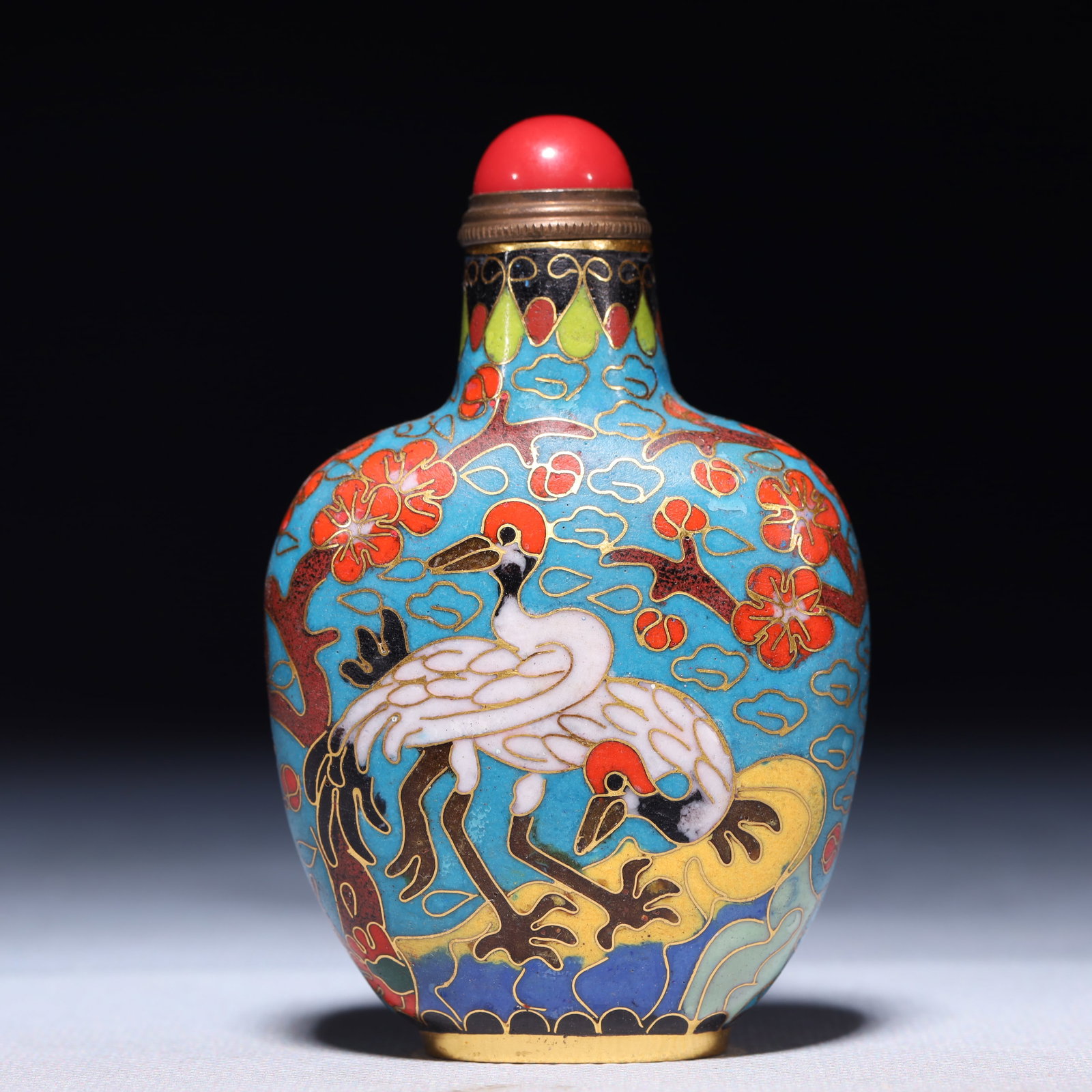 An Exquisite Cloisonne Flower and Crane Pattern Snuff Bottle: An Exquisite Cloisonne Flower and Crane Pattern Snuff Bottle,Qing Dynasty,China,Size:2.2inx1inx3.5in,Weight:109.7g