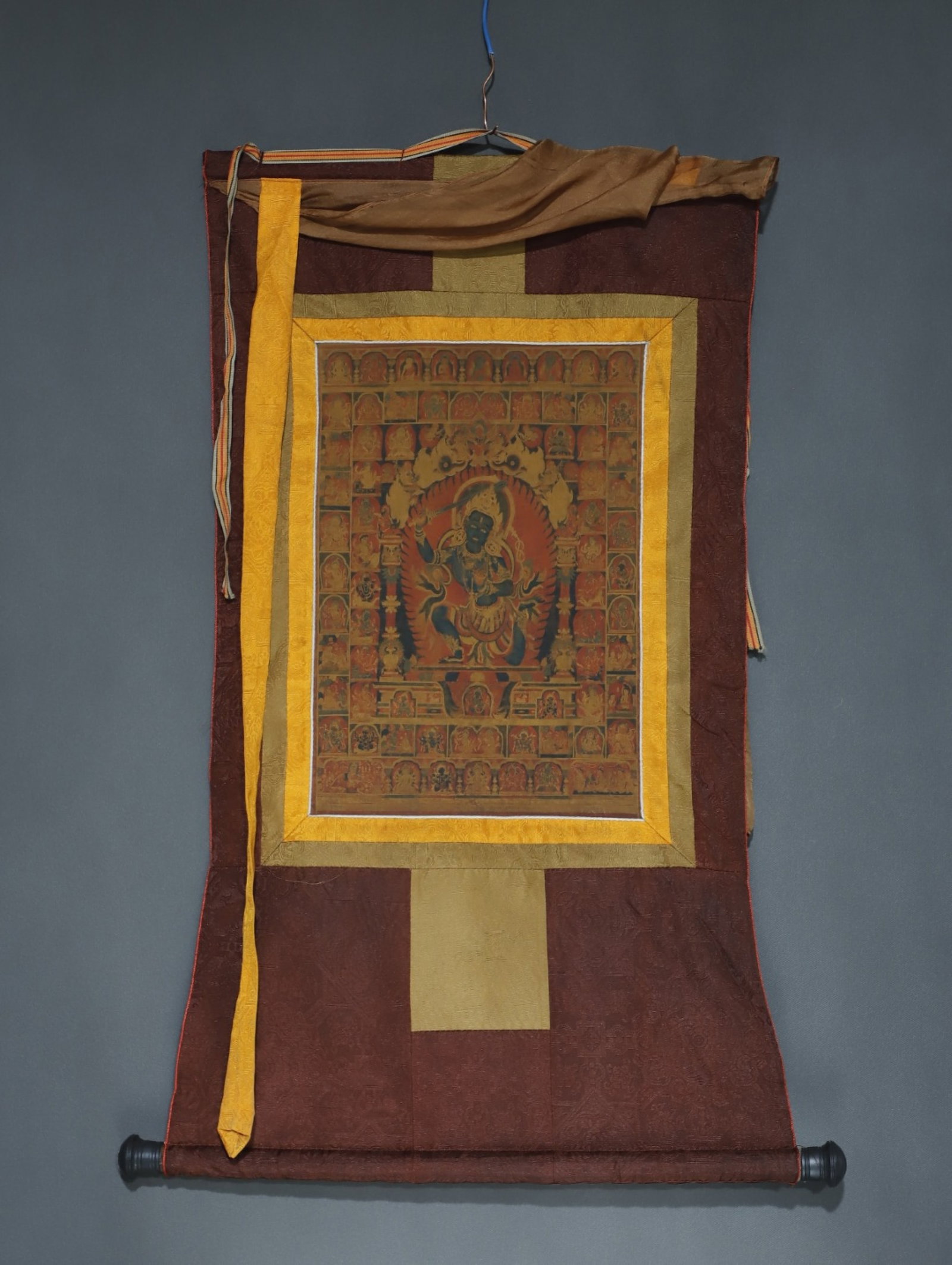 A Rare Brocade Painted Color Statue of Vajra Tangka: A Rare Brocade Painted Color Statue of Vajra Tangka,Qing Dynasty, China,Size:34.6inx18.1in,(Without frame)16.5inx11in