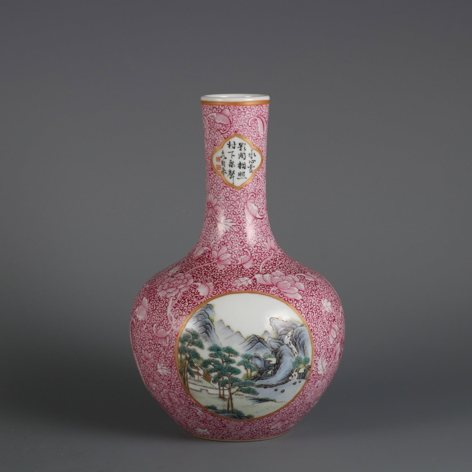 An Exquisite Ruby Red-Glazed Landscape Pattern Vase,with poem (1 of 9)