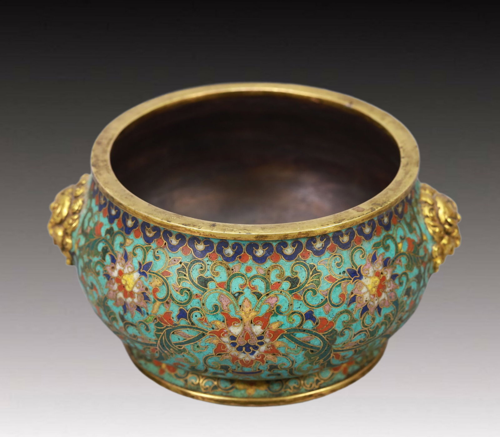 An Exquisite Cloisonne Lotus Pattern Lion-Ears Censer: An Exquisite Cloisonne Lotus Pattern Lion-Ears Censer,Qing Dynasty,China,Qianlong Four-character Mark,Size:5.9inx5.1inx2.8in,Weight:600g 景泰蓝缠枝莲纹狮