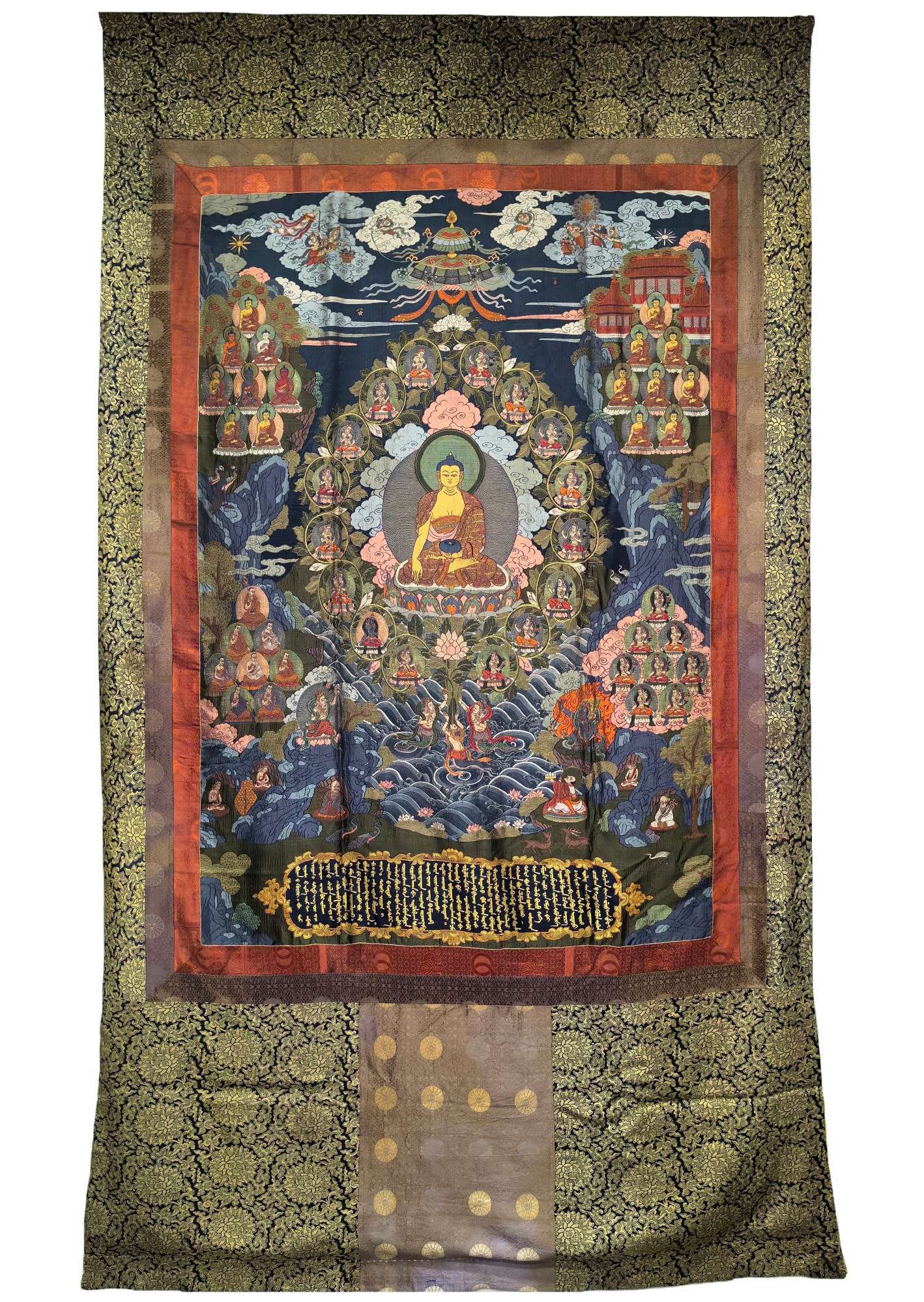 An exquisite kesi of Sakyamuni: An exquisite brocade of Sakyamuni Buddha with poetry, Qing Dynasty, China, making a fine brocade work required many complex processes, including design, weaving, sizing, cutting, etc. Craftsmen need e