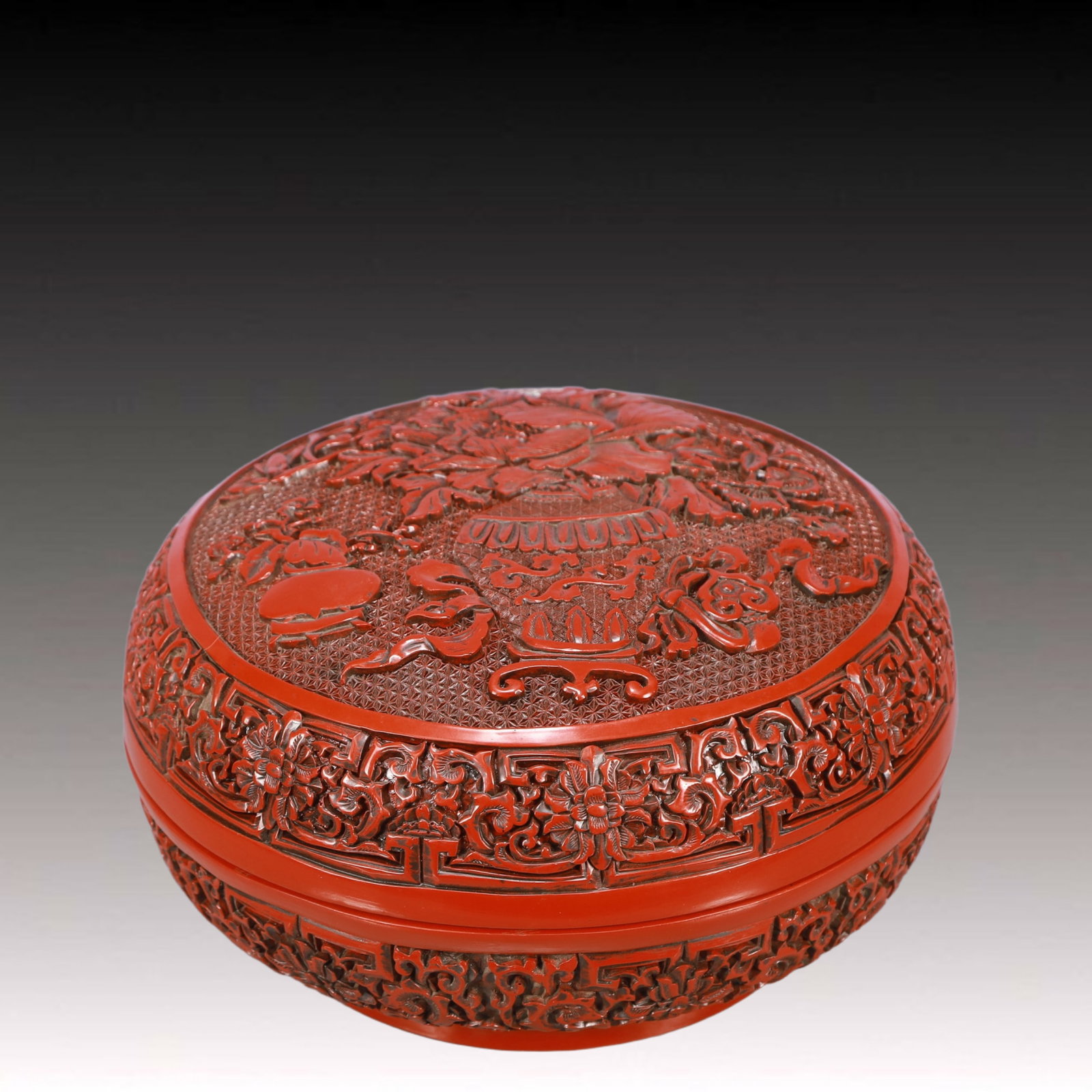 An Exquisite Carved Red Lacquer Flower Pattern Cover Box: An Exquisite Carved Red Lacquer Flower Pattern Cover Box,Qing Dynasty, China,Qianlong Six-character Mark,Size:11inx5.9in,Weight:2250g 剔红漆器花卉纹盖&#
