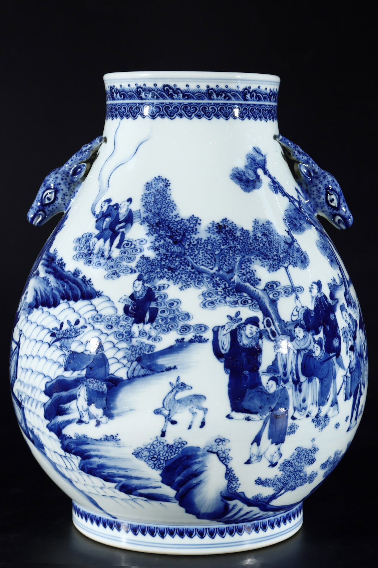 An Exquisite Blue and White Character and Story Pattern Deer-Ears Vase: An Exquisite Blue and White Character and Story Pattern Deer-Ears Vase,Qing Dynasty,China,Qianlong Six-character Mark,Size:16.4inx12.6in 青花人物故事纹鹿