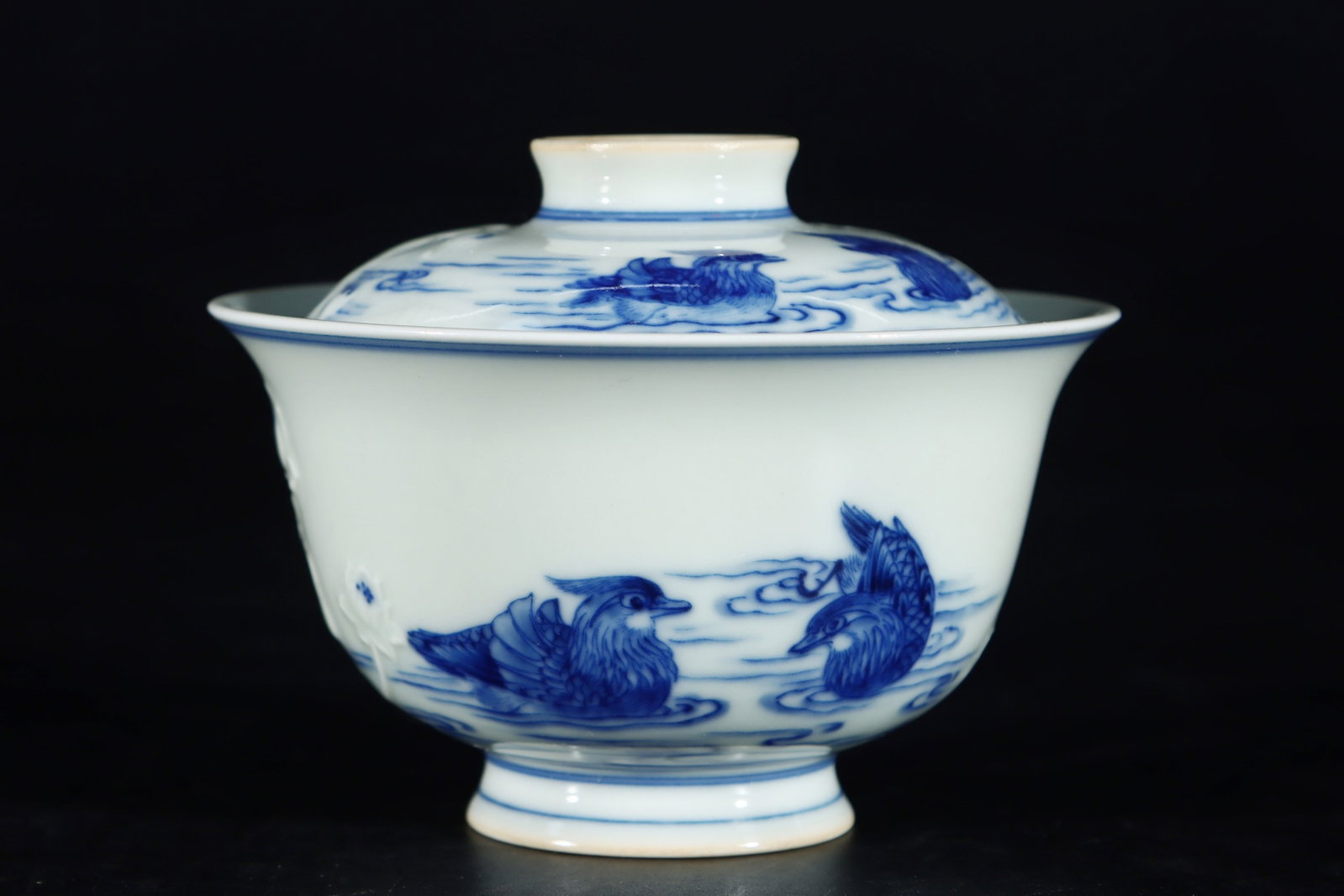 An Exquisite Blue and White Flower and Mandarin Duck Pattern Bowl with Cover (1 of 9)