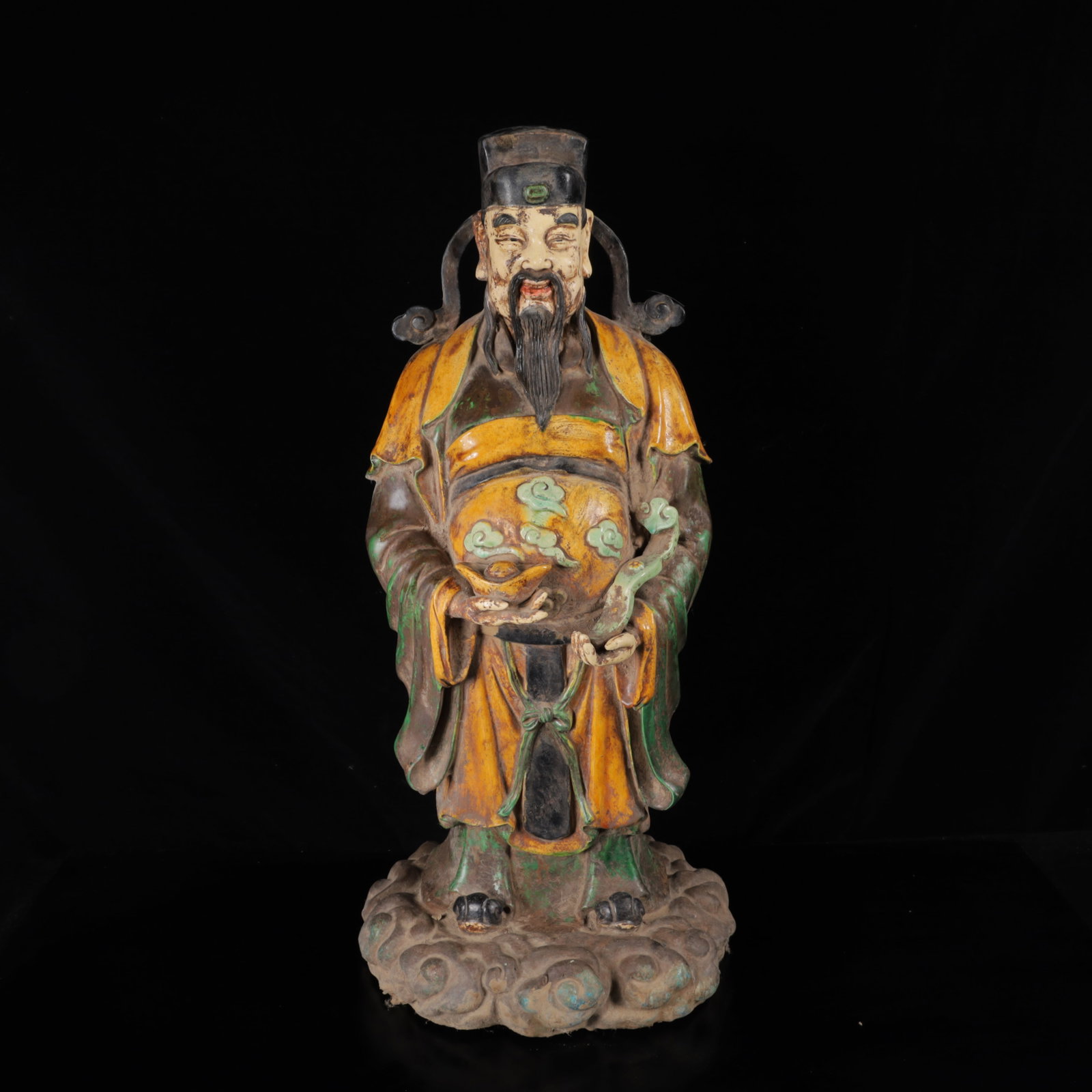 An Exquisite Tang Tri-Color Glazed Pottery Statue of Mammon Ornament: An Exquisite Tang Tri-Color Glazed Pottery Statue of Mammon Ornament,Tang Dynasty,China,Size:22.4inx9.1inx8.7in,Weight:6020g 唐三彩财神摆件,中国&#