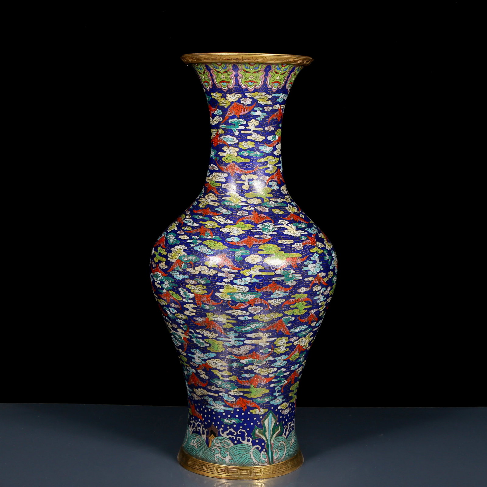 A Huge Cloisonne Auspicious Cloud and Bats Pattern Vase: A Huge Cloisonne Auspicious Cloud and Bats Pattern Vase,Qing Dynasty, China,Qianlong Six-character Mark,Size:9.4inx22.4in,Weight:11.20kg