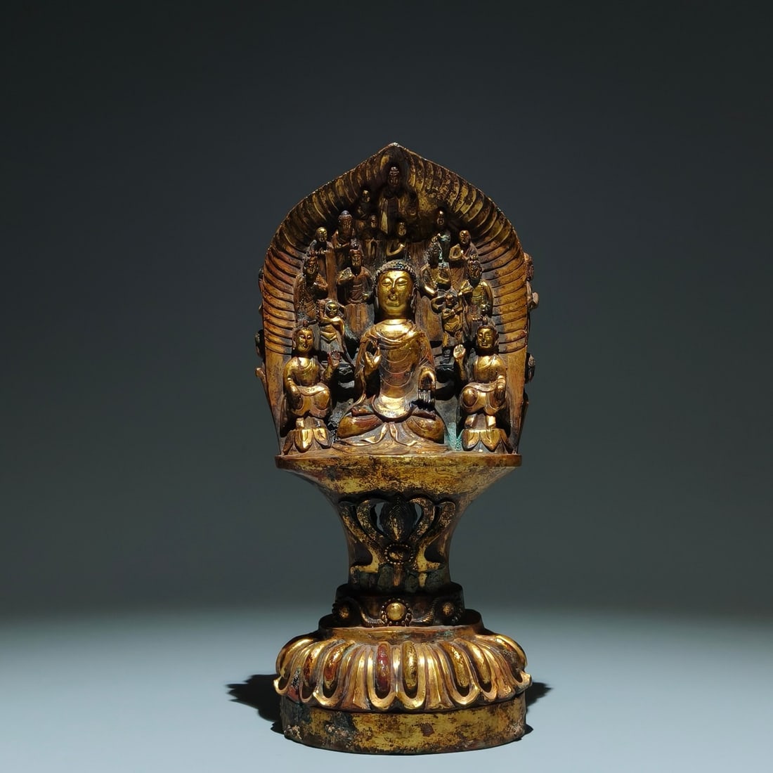 A Solemn Gilt Bronze Statue of Sakyamuni: A Solemn Gilt Bronze Statue of Sakyamuni,Tang Dynasty,China,Size:10.2inx5.1inx3.9in 铜鎏金释迦摩尼像,中国唐代