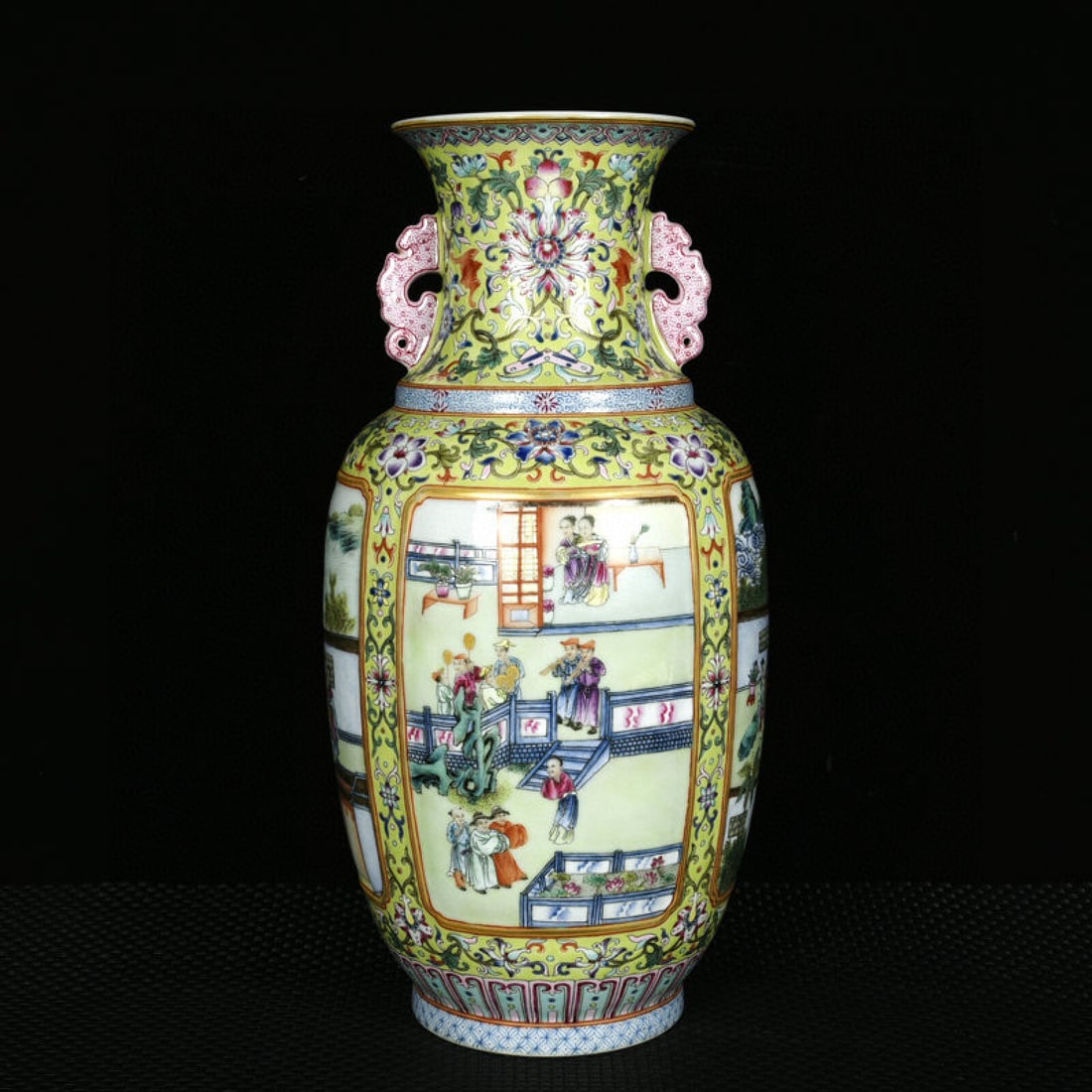 A Rare Green Ground Enamel Character and Story Pattern Double-Ears Vase: A Rare Green Ground Enamel Character and Story Pattern Double-Ears Vase,Qing Dynasty,China,Qianlong Six-character Mark,Size:13.2inx7.1in