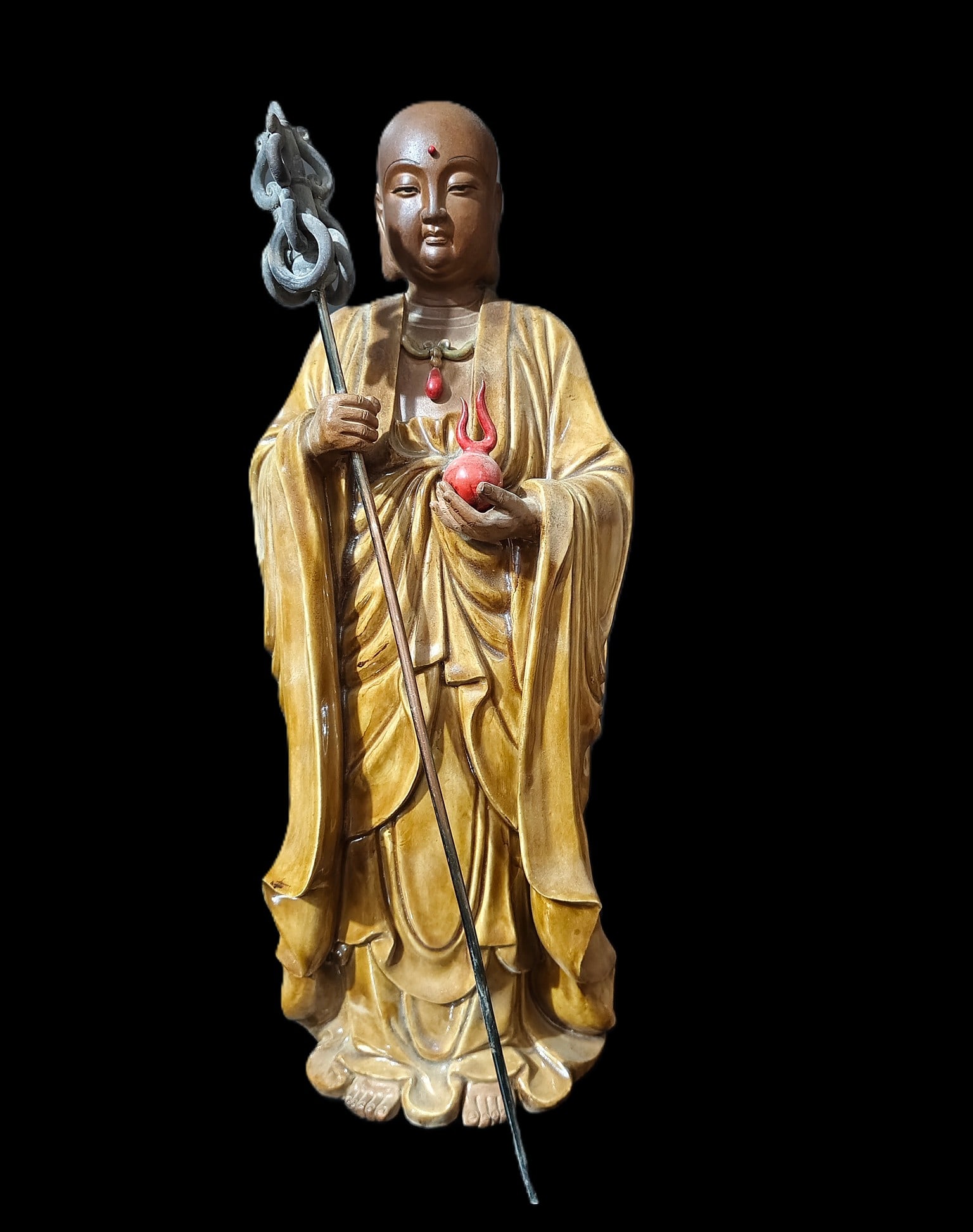 A Huge Shiwan yao Statue of Kshitigarbha Bodhisattva: A Huge Shiwan yao Statue of Kshitigarbha Bodhisattva,Qing Dynasty, China,Size:7.9inx9.1inx19.3in 石湾窑地藏王,中国清代