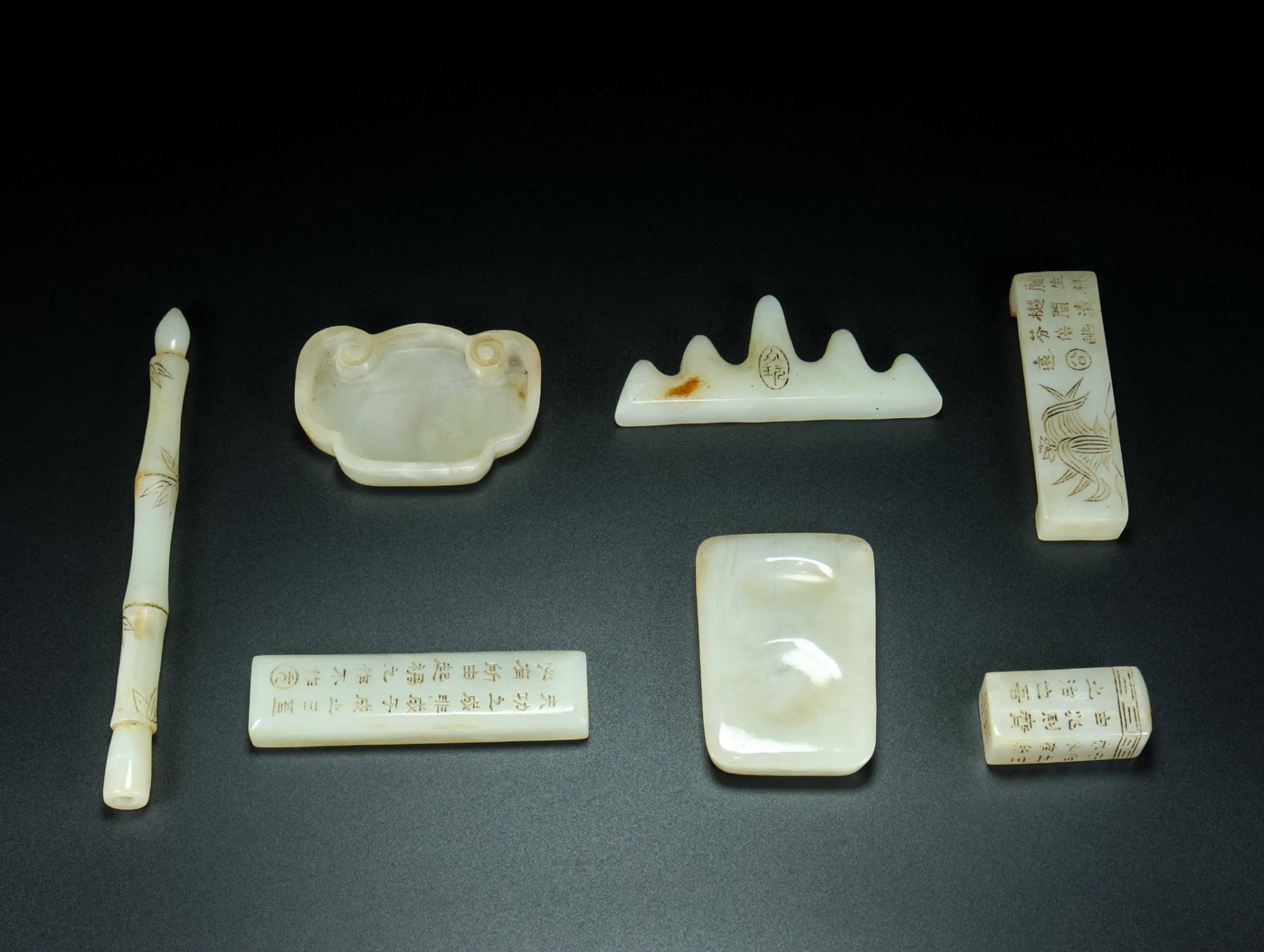A Set of Fine White Jade Ornaments,with poem (1 of 9)