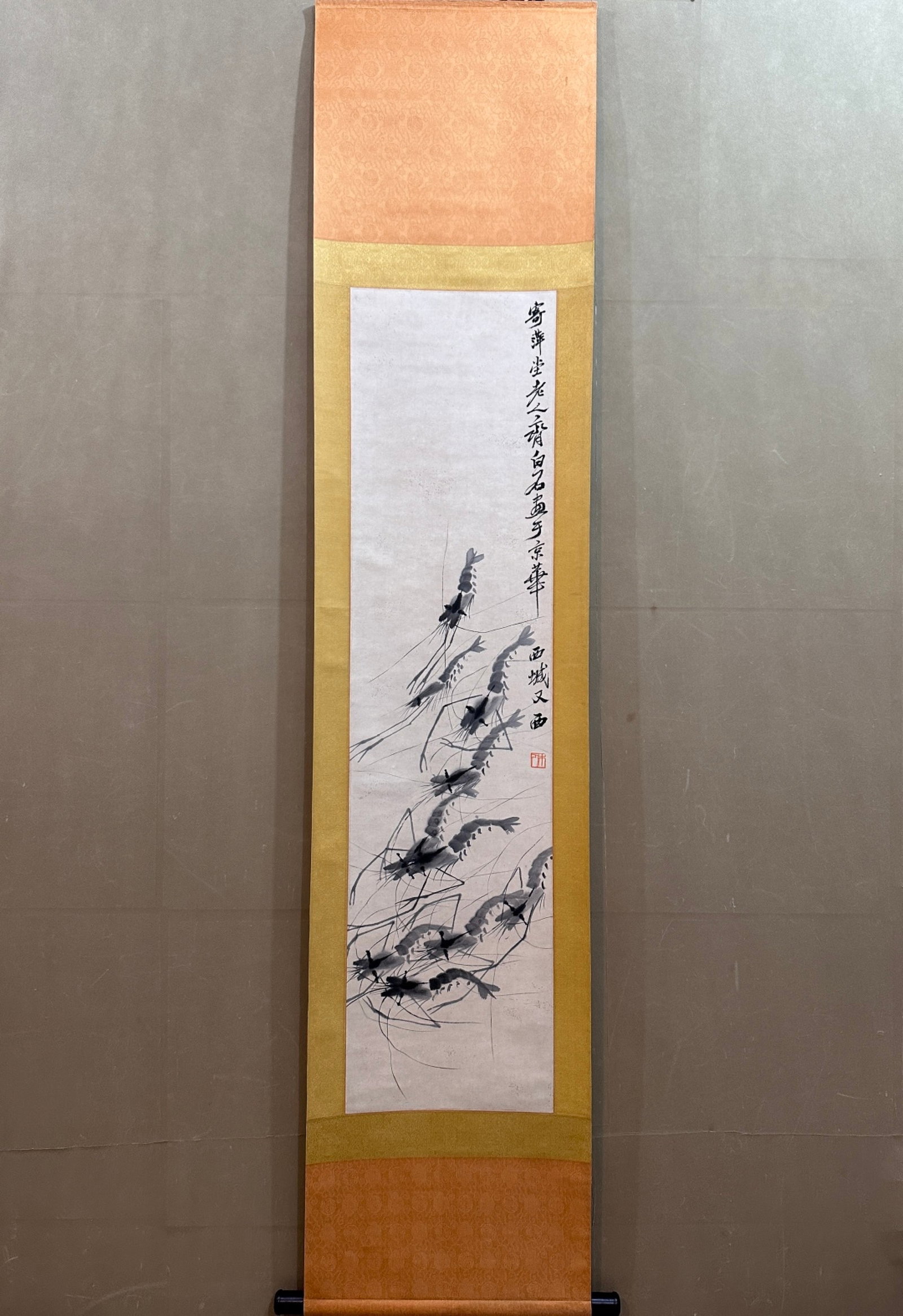 A Chinese Vertical Scroll Ink Painting of Animal on Paper: A Chinese Vertical Scroll Ink Painting of Animal on Paper,Qi Baishi,Size:13.4inx53.1in 一幅中国水墨动物画立轴,齐白石