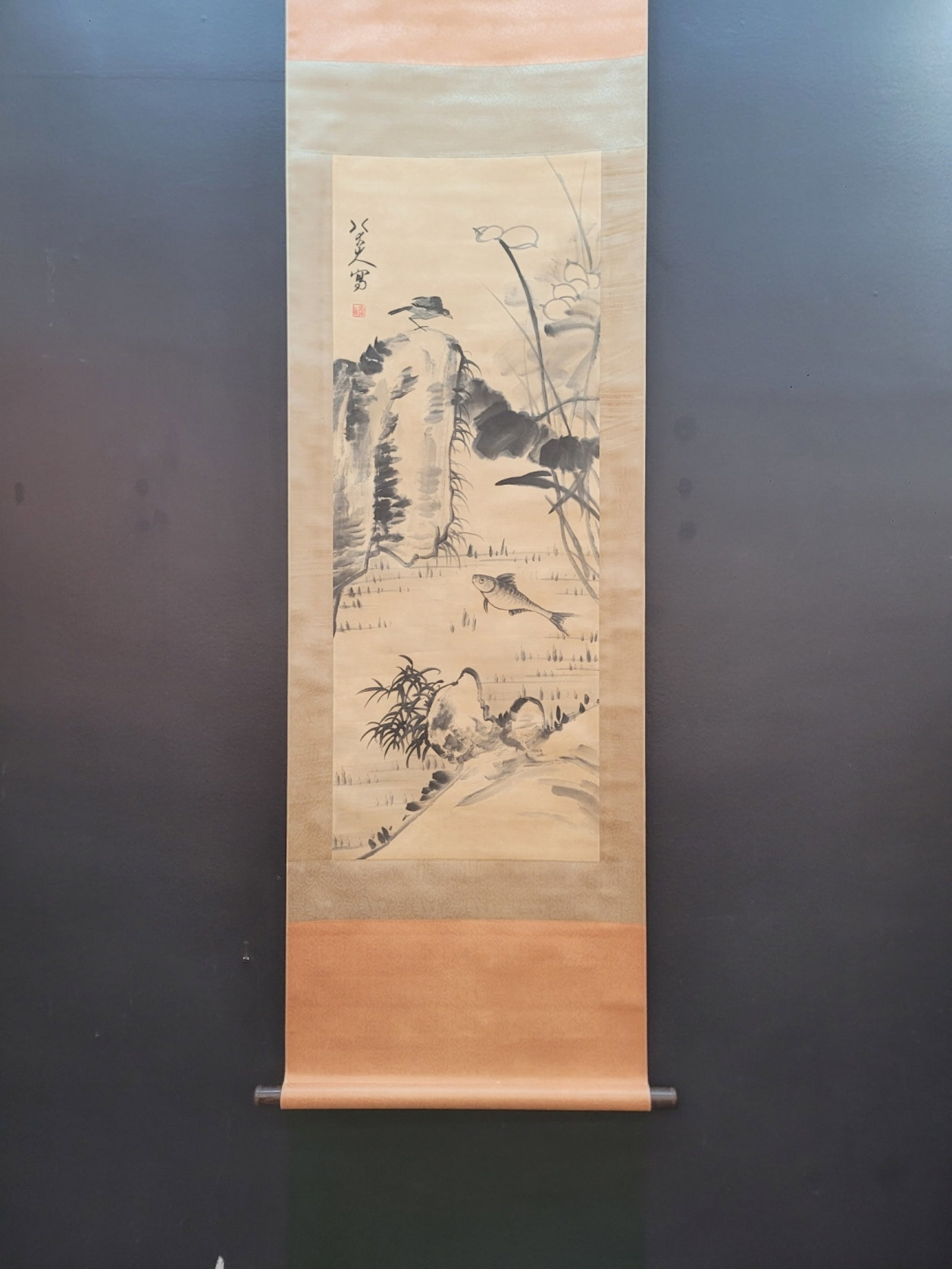 A Chinese Vertical Scroll Ink Painting of Fish Bird on Paper (1 of 9)