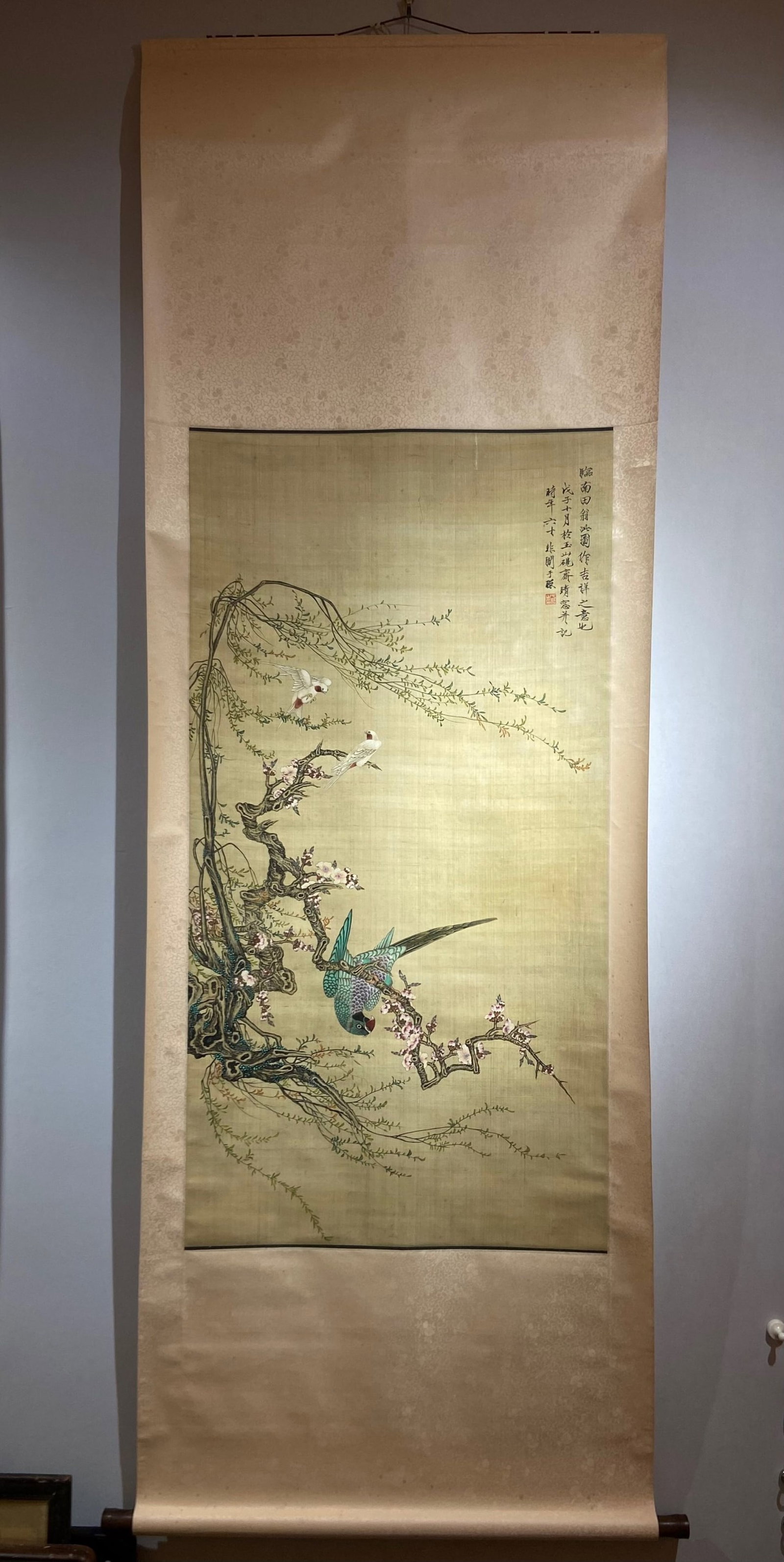 A Chinese Vertical Scroll Ink Painting of Flower and Bird on Silk (1 of 9)