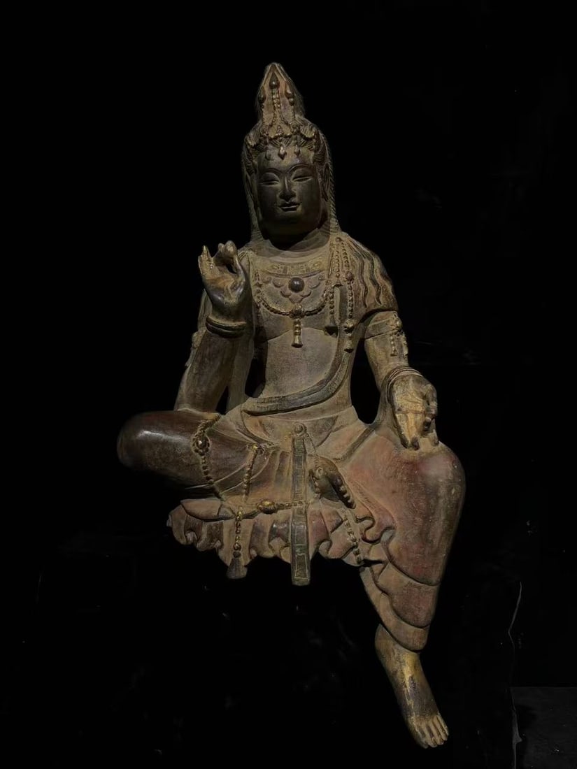 A Rare Limestone Painted Color Buddha Statue Ornament: A Rare Limestone Painted Color Buddha Statue Ornament,Qing Dynasty, China,Size:28.3inx9.4inx9.4in 青石彩绘佛像摆件,中国清代