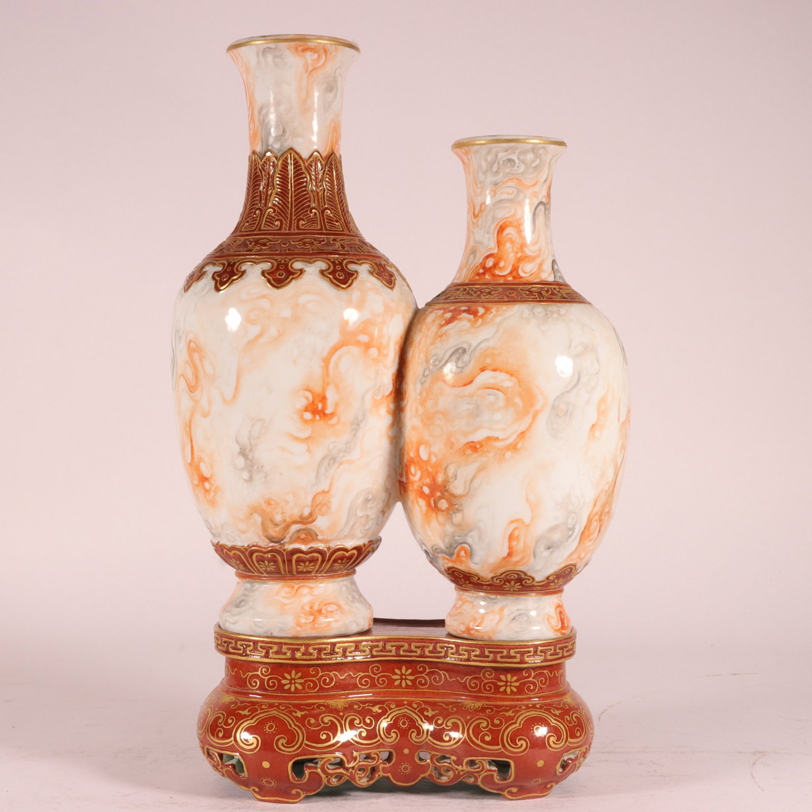 An Exquisite Marble Glazed Painted Gold Conjoined bottles: An Exquisite Marble Glazed Painted Gold Conjoined bottles,Qing Dynasty,China,Qianlong Six-character Mark,Size:10.6inx6.3in 石纹釉描金连体瓶,中