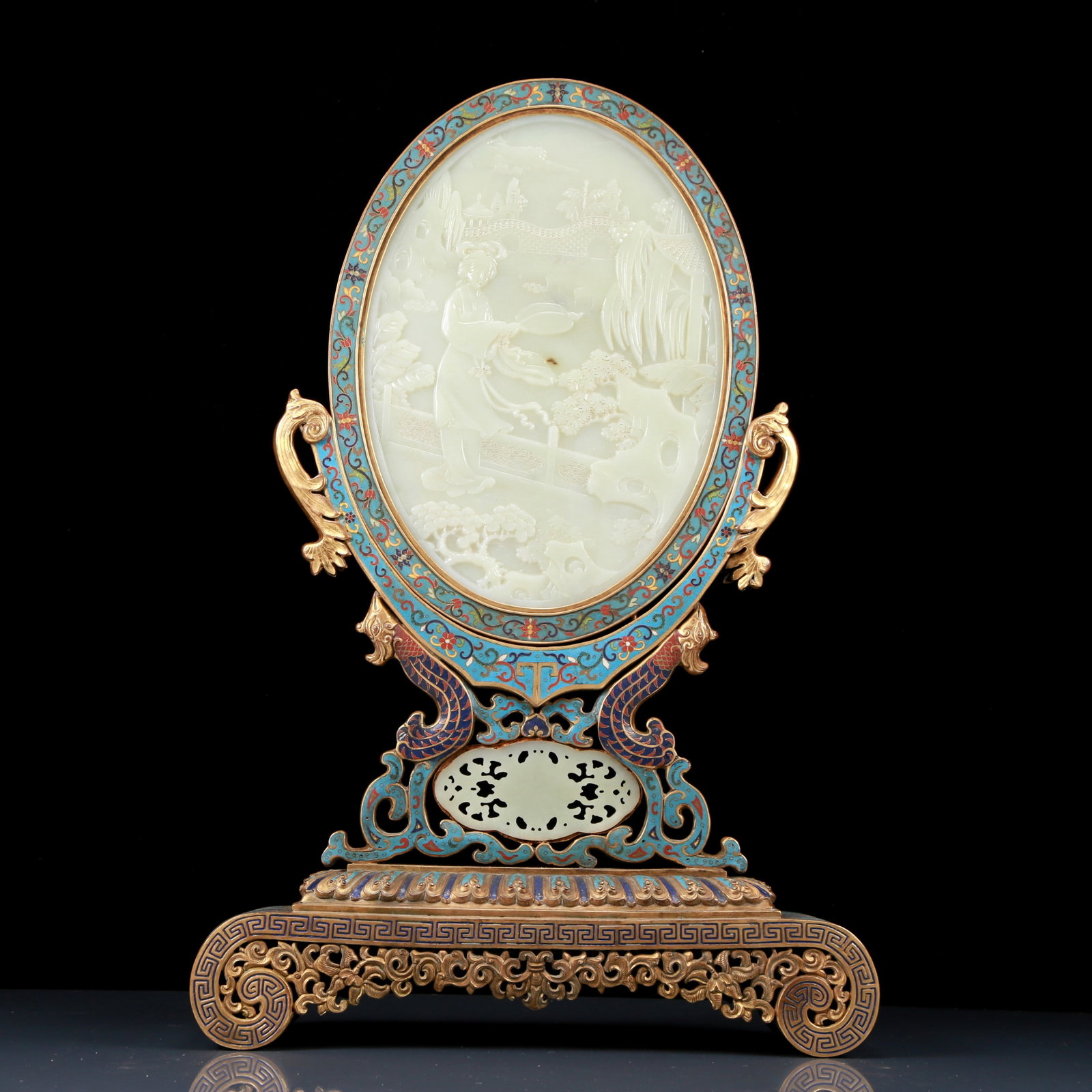 A Perfect Cloisonne Inlaid White Jade Figure Pattern Table Screen (1 of 9)