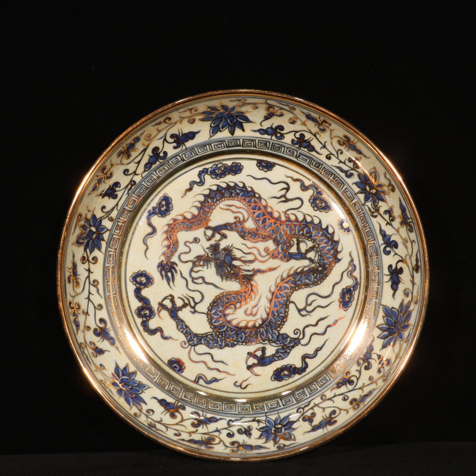 A Rare Blue and White Painted Gold Lotus and Dragon Pattern Plate (1 of 9)