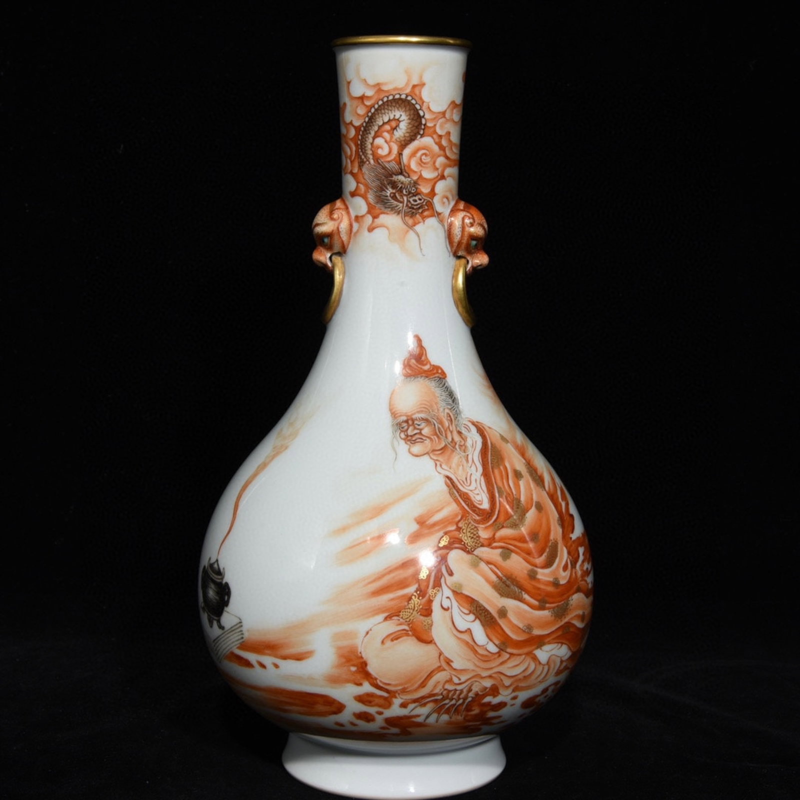 An Exquisite Iron-Red Painted Gold Figure Pattern Double-Ears Vase,with poem: An Exquisite Iron-Red Painted Gold Figure Pattern Double-Ears Vase,with poem,Qing Dynasty,China,Qianlong Six-character Mark,Size:10.9inx5.7in 矾红描金人物纹&#