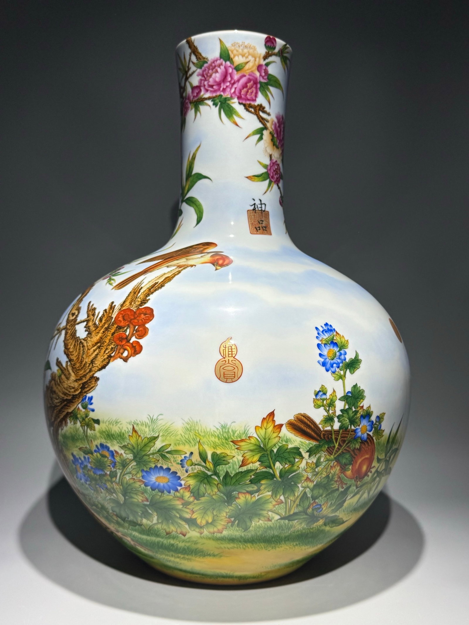 A Huge Enamel Flower and Bird Pattern Vase,with poem: A Huge Enamel Flower and Bird Pattern Vase,with poem,Qing Dynasty,China,Qianlong Six-character Mark,Size:21.7inx15.7in 珐琅彩花鸟纹瓶,带诗文