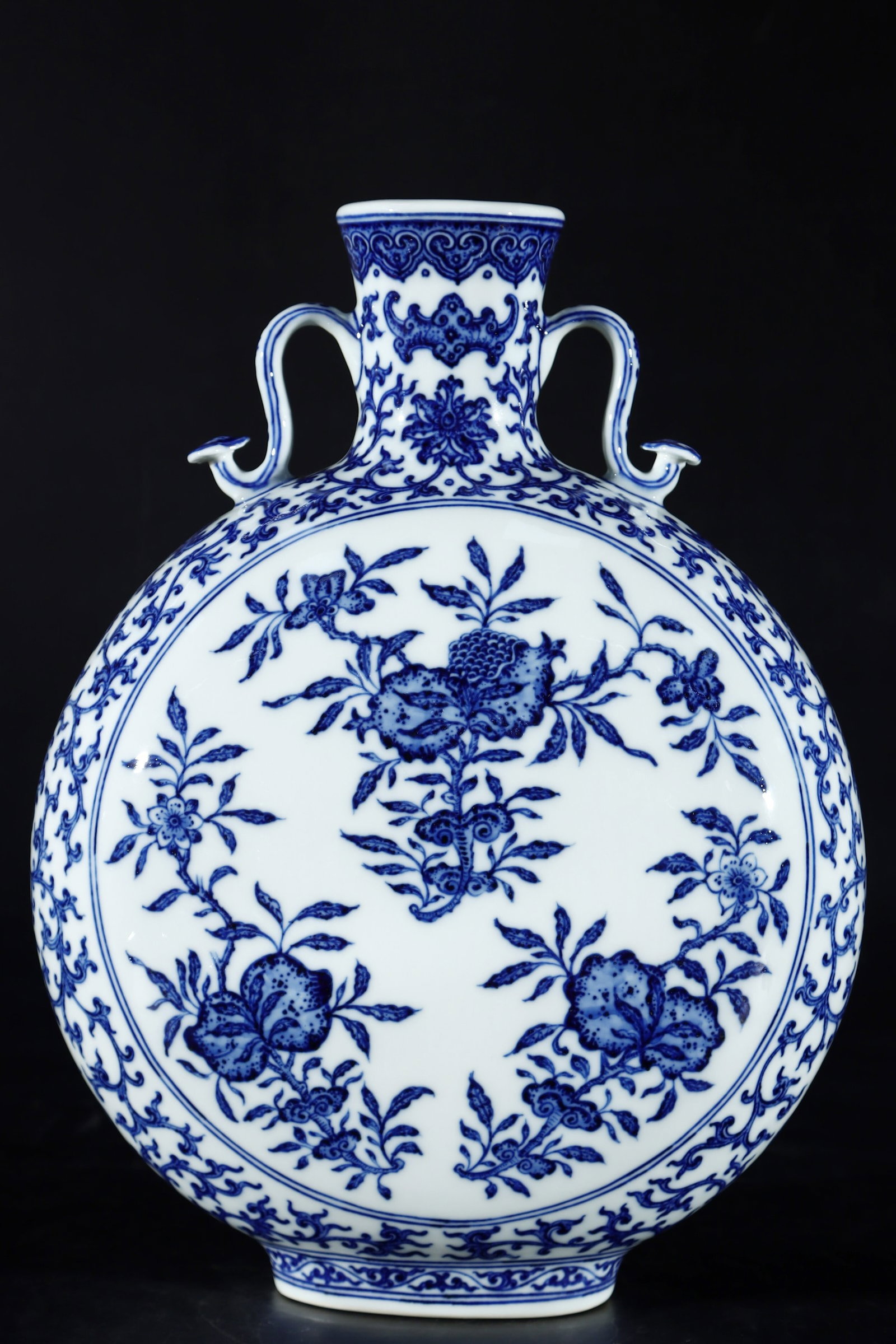 A Rare Blue and White Flower and Fruit Pattern Double-Ears Vase: A Rare Blue and White Flower and Fruit Pattern Double-Ears Vase,Qing Dynasty,China,Qianlong Six-character Mark,Size:13.4inx10.1in 青花花果纹双耳瓶ߑ