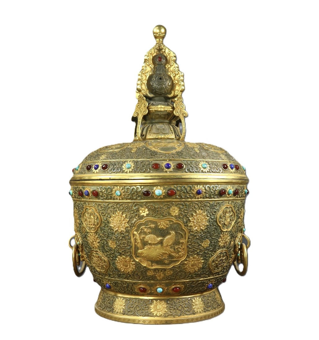 An Exquisite Gilt Bronze Relief Flower and Bird Pattern Jar with Cover,Inlaid Gems: An Exquisite Gilt Bronze Relief Flower and Bird Pattern Jar with Cover,Inlaid Gems,Qing Dynasty,China,Qianlong Four-character Mark,Size:18.5inx11.4in,Weight:8750g