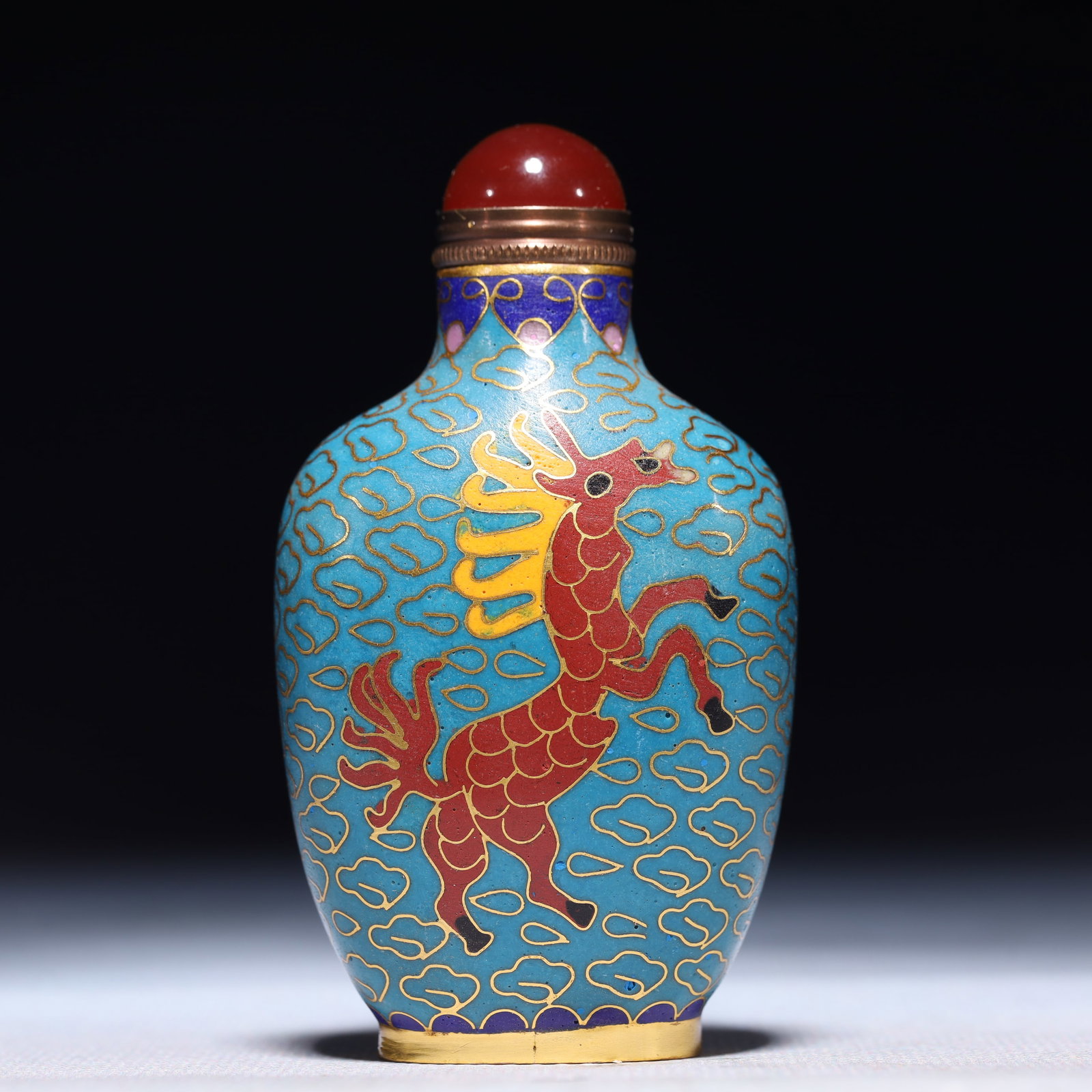 An Exquisite Cloisonne Auspicious Cloud and Beast Pattern Snuff Bottle: An Exquisite Cloisonne Auspicious Cloud and Beast Pattern Snuff Bottle,Qing Dynasty,China,Size:1.8inx1.2inx3.1in,Weight:79g