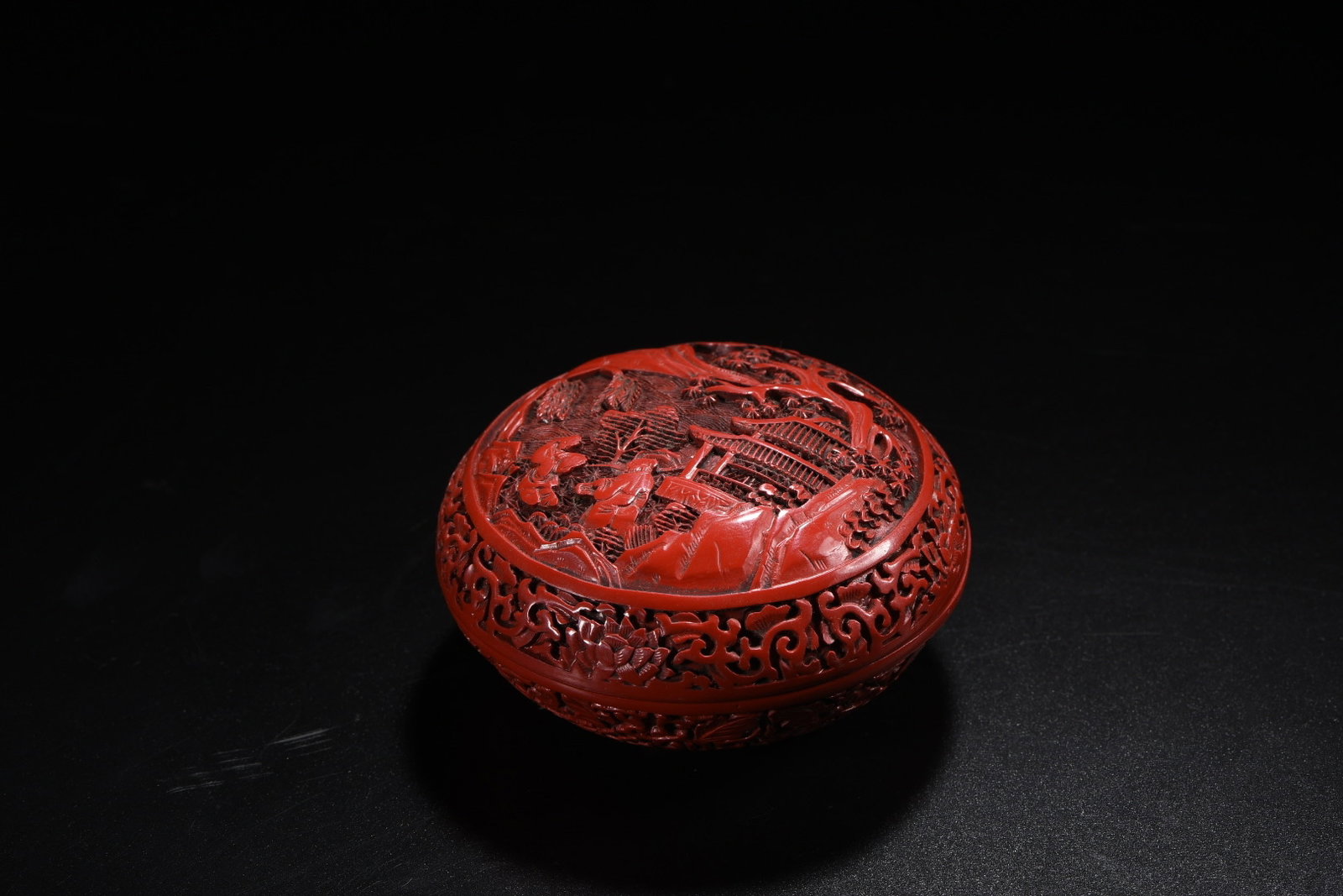 An Exquisite Carved Red Lacquer Landscape and Figure Pattern Box: An Exquisite Carved Red Lacquer Landscape and Figure Pattern Box,Qing Dynasty,China,Size:2.4inx4.1in,Weight:190g