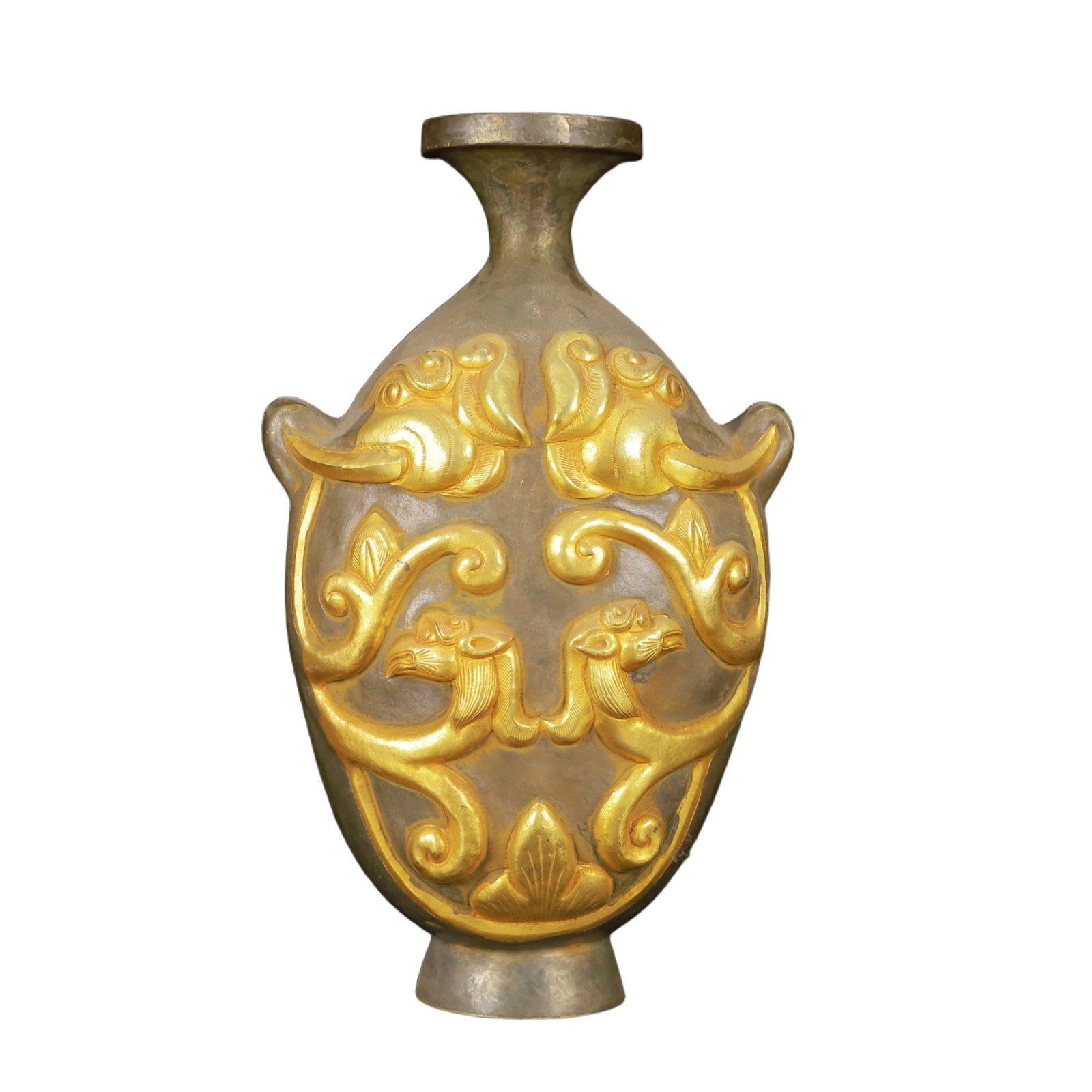 An Exquisite Gilt Silver Auspicious Beast Pattern Double-Ears Vase: An Exquisite Gilt Silver Auspicious Beast Pattern Double-Ears Vase,Tang Dynasty,China,Zhenguan Four-Character Mark,Size:5.1inx3.1inx8.7in,Weight:400g