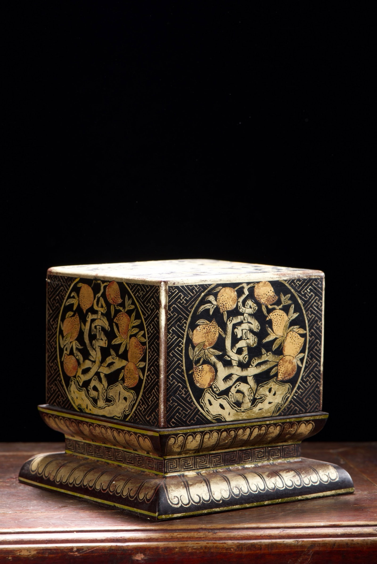 An Exquisite Carved Lacquer Painted Gold Bats and Peach Pattern Box (1 of 9)