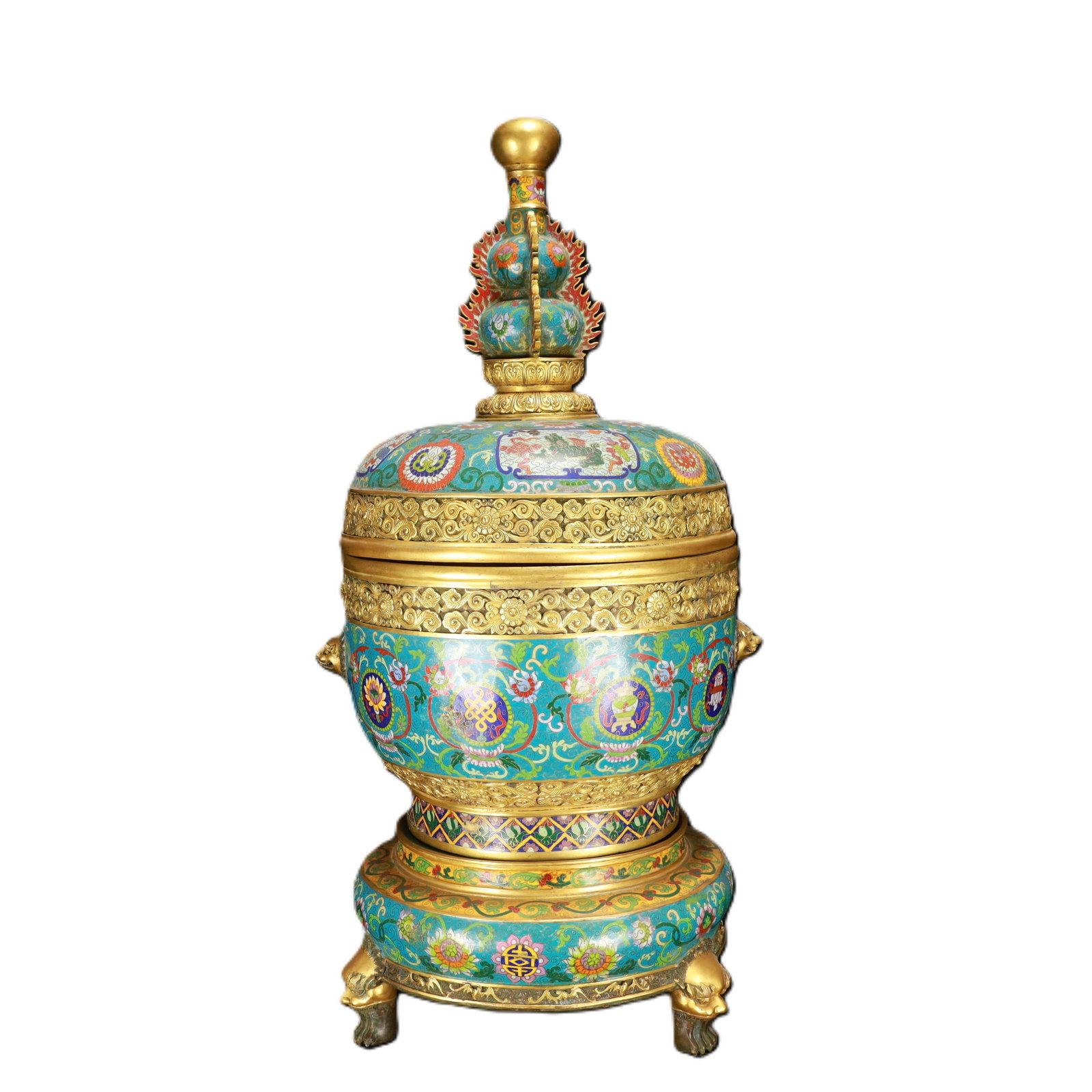 An Exquisite Cloisonne Eight Treasures Pattern Beast-Ears Tripod Jar with Cover,with Base (1 of 16)