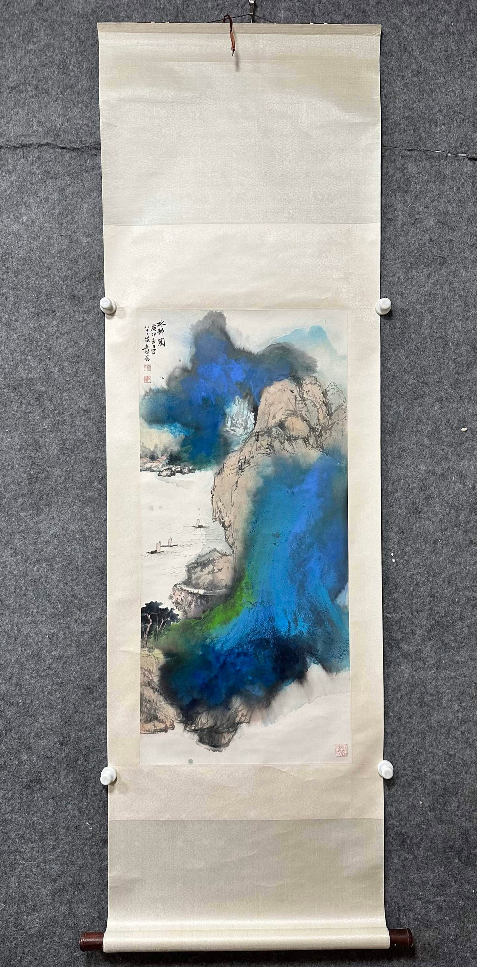 A Chinese Vertical Scroll Ink Painting of Landscape on Paper (1 of 8)