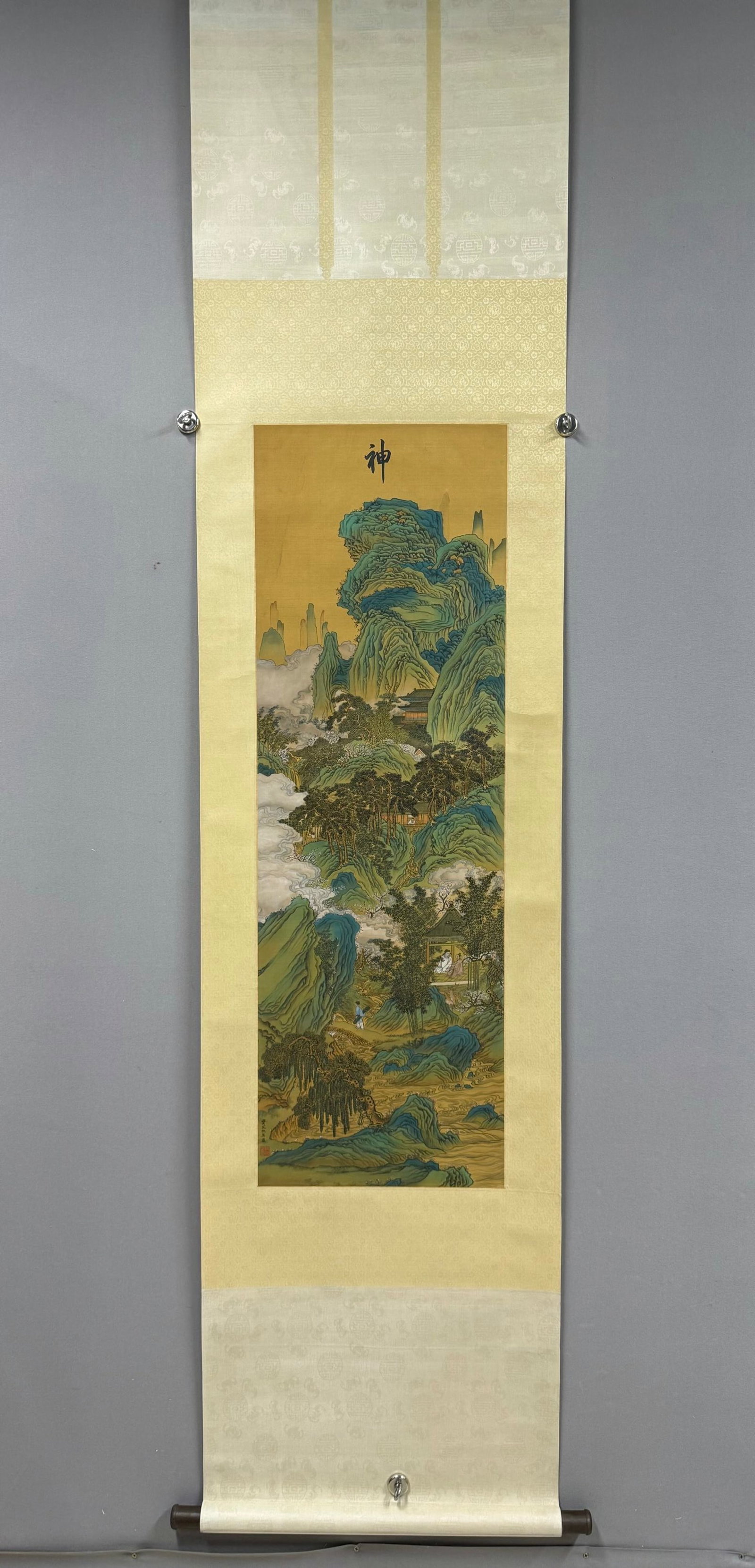 A Chinese Vertical Scroll Ink Painting of Landscape and Figure on Silk: A Chinese Vertical Scroll Ink Painting of Landscape and Figure on Silk,Chou Ying,Size:42.9inx13.8in 一幅中国水墨绢本山水人物