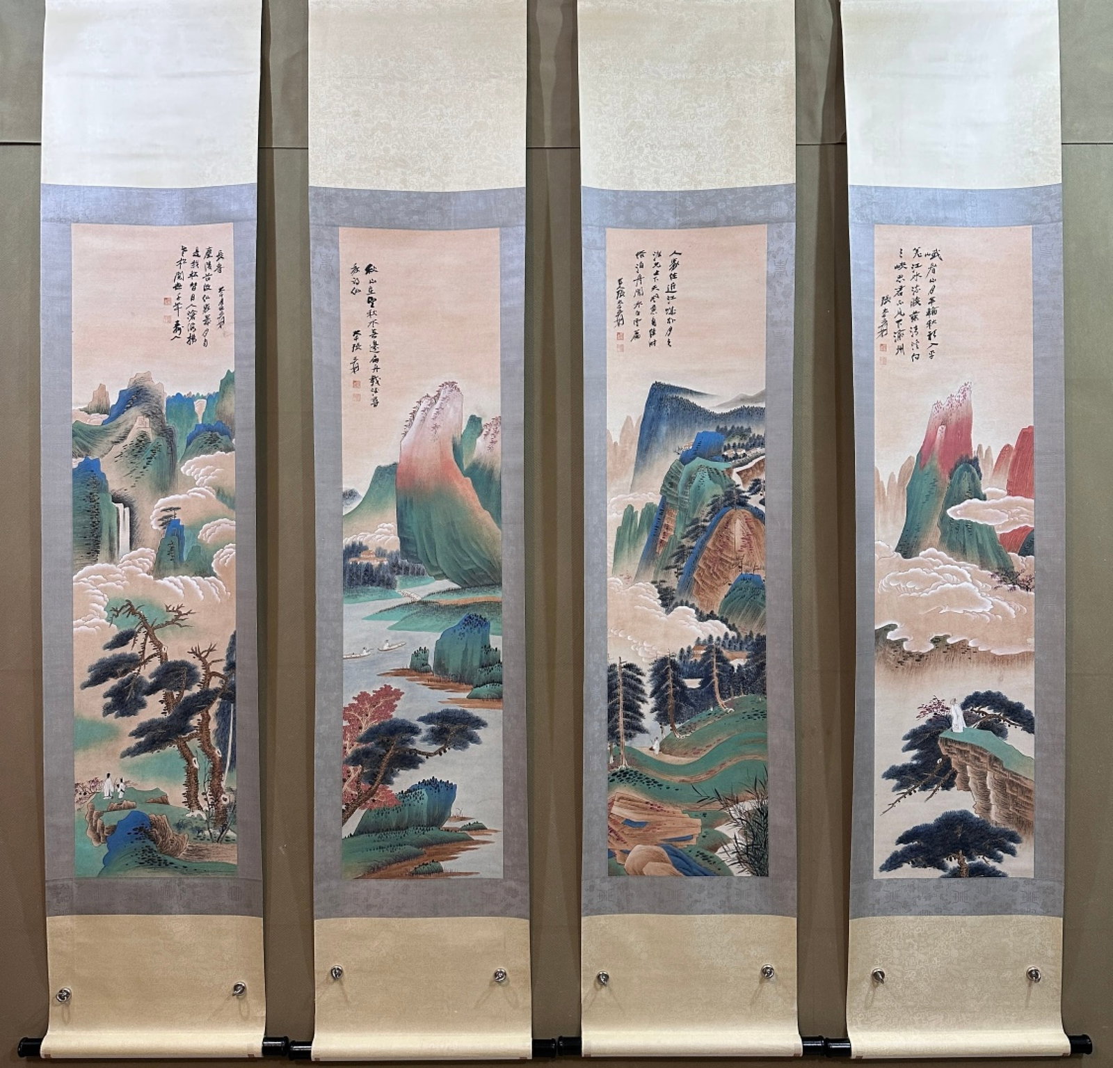 A Set of Chinese Vertical Scroll Ink Painting of Landscape and Figure on Paper: A Set of Chinese Vertical Scroll Ink Painting of Landscape and Figure on Paper,Zhang Daqian,Size:12.6inx50.8in 一套中国水墨山水人物画&
